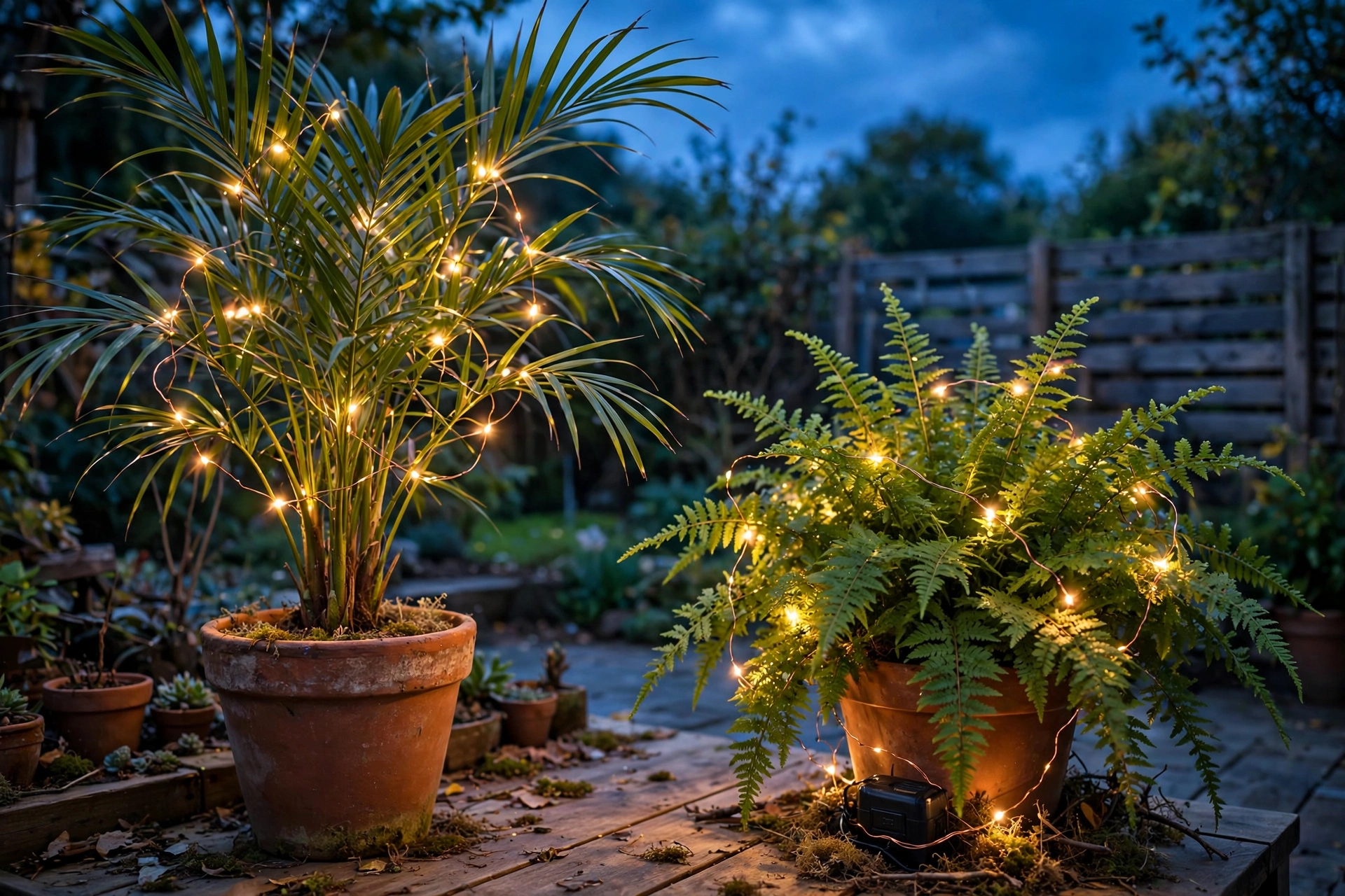 Weave copper wire lights through outdoor houseplants (about $11)