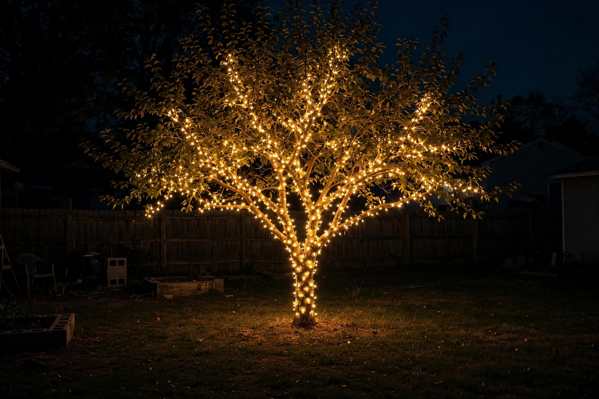 Light one focal tree instead of the whole yard (about $14)