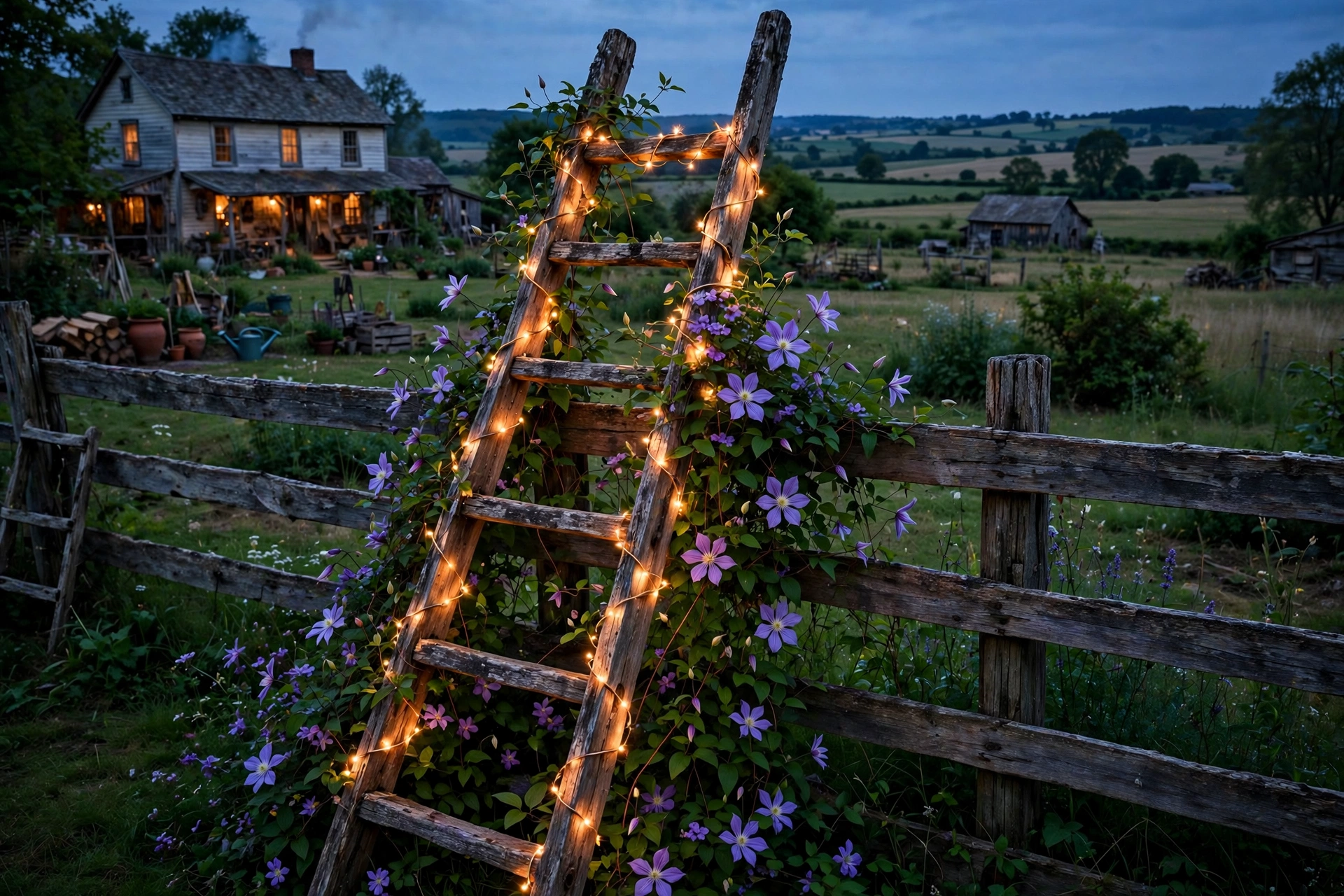Ladder Trellis Wrapped in Lights