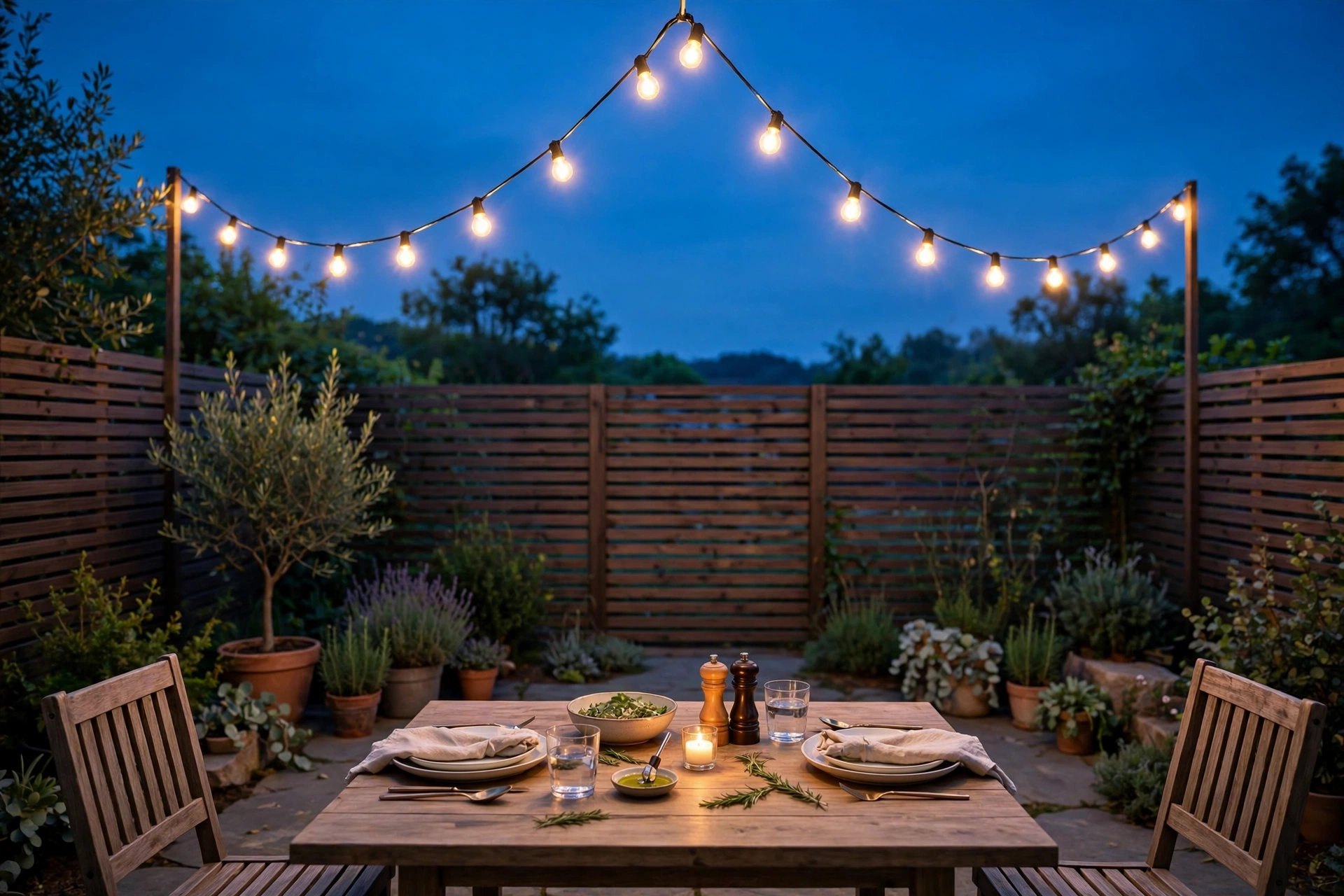 Hang bistro lights directly over the outdoor dining table
