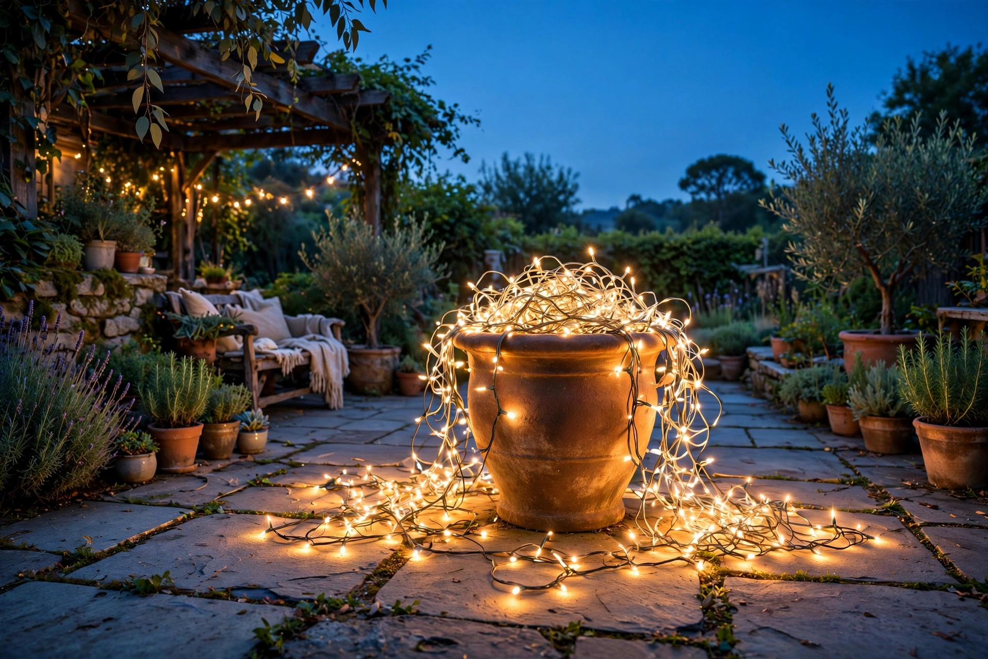 Fill a large planter or urn with a tangle of fairy lights