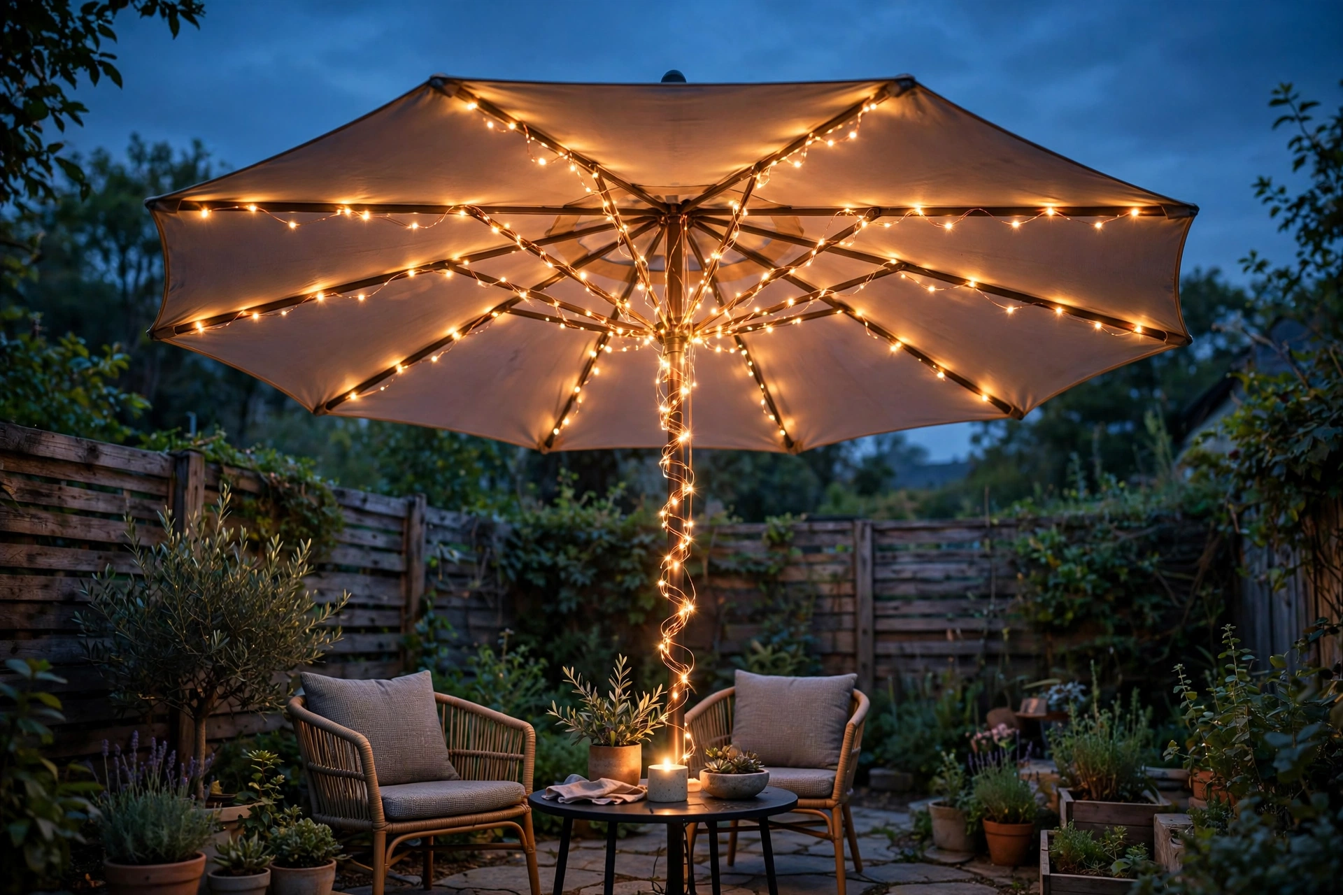 Drape lights over a patio umbrella