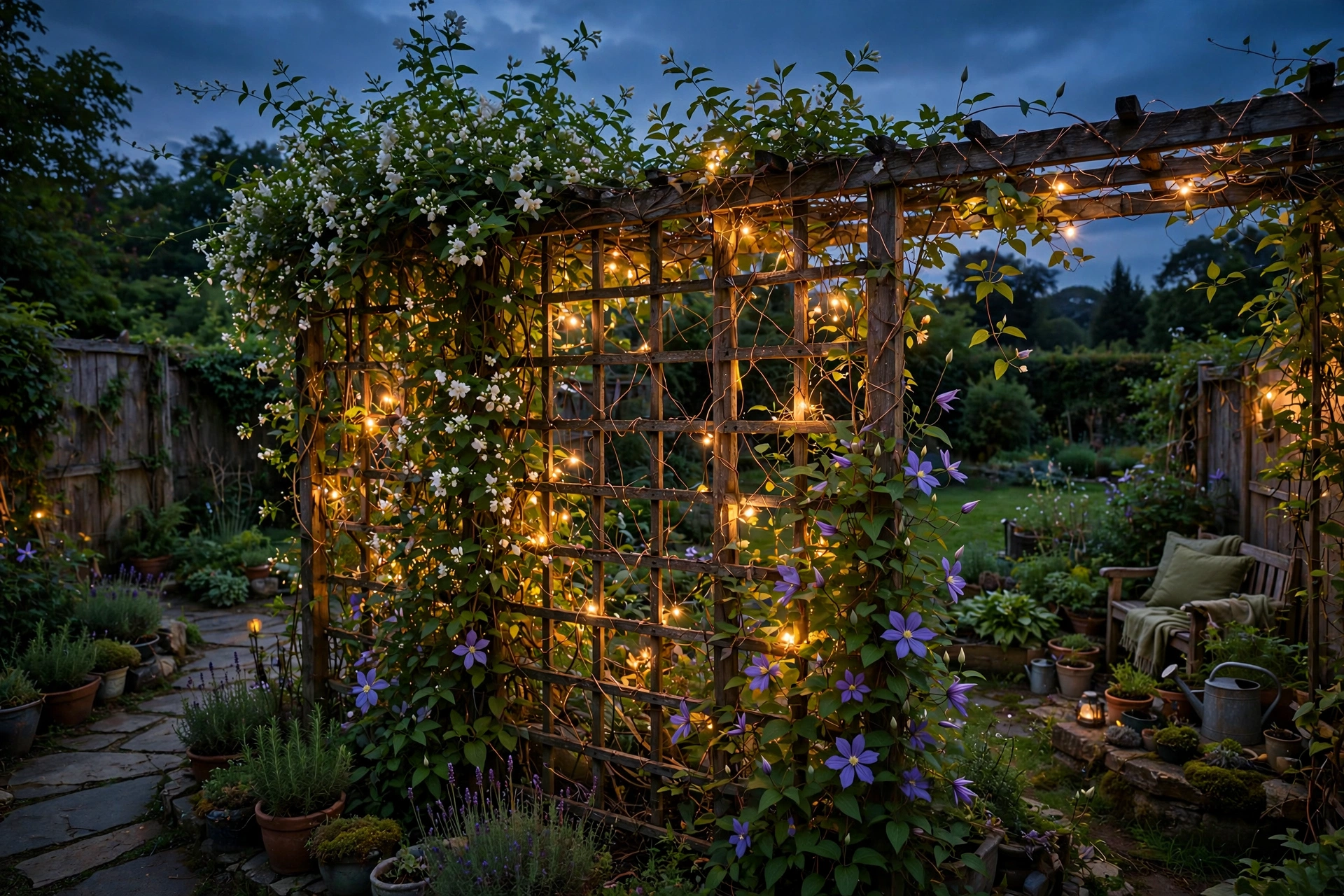 Weave fairy lights through a trellis with climbing plants