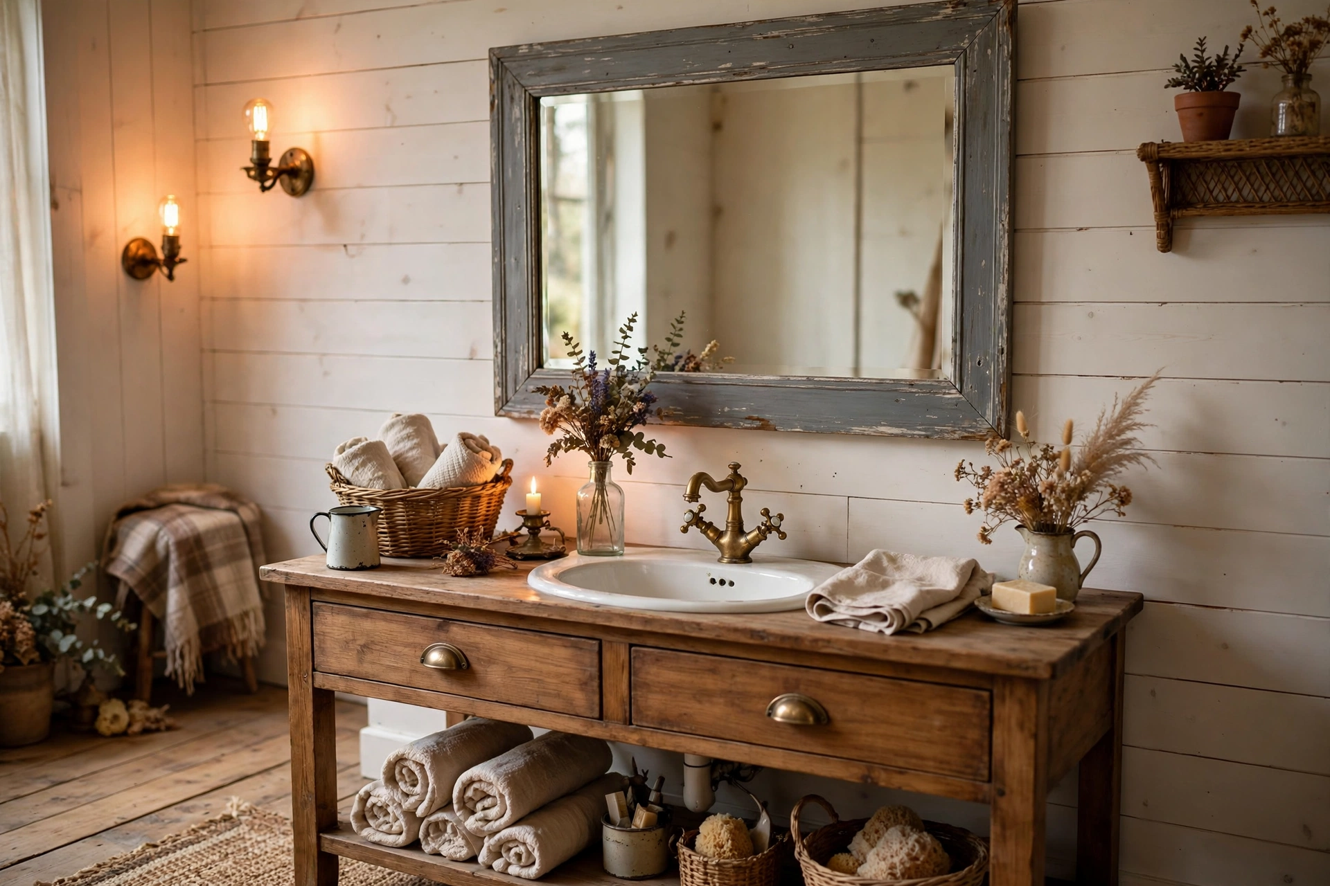 Frame the mirror in distressed wood