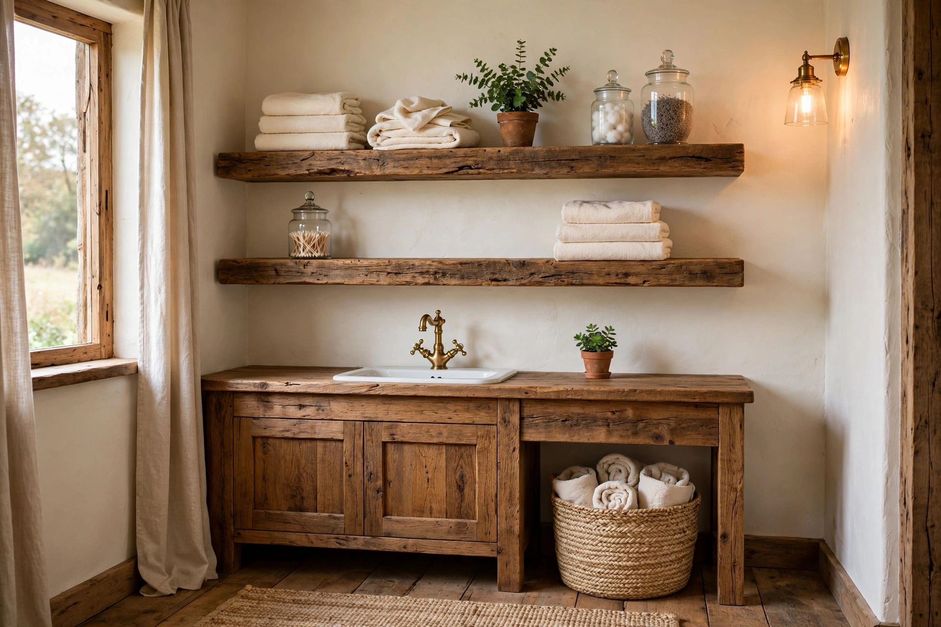 Install open wood shelving instead of a medicine cabinet