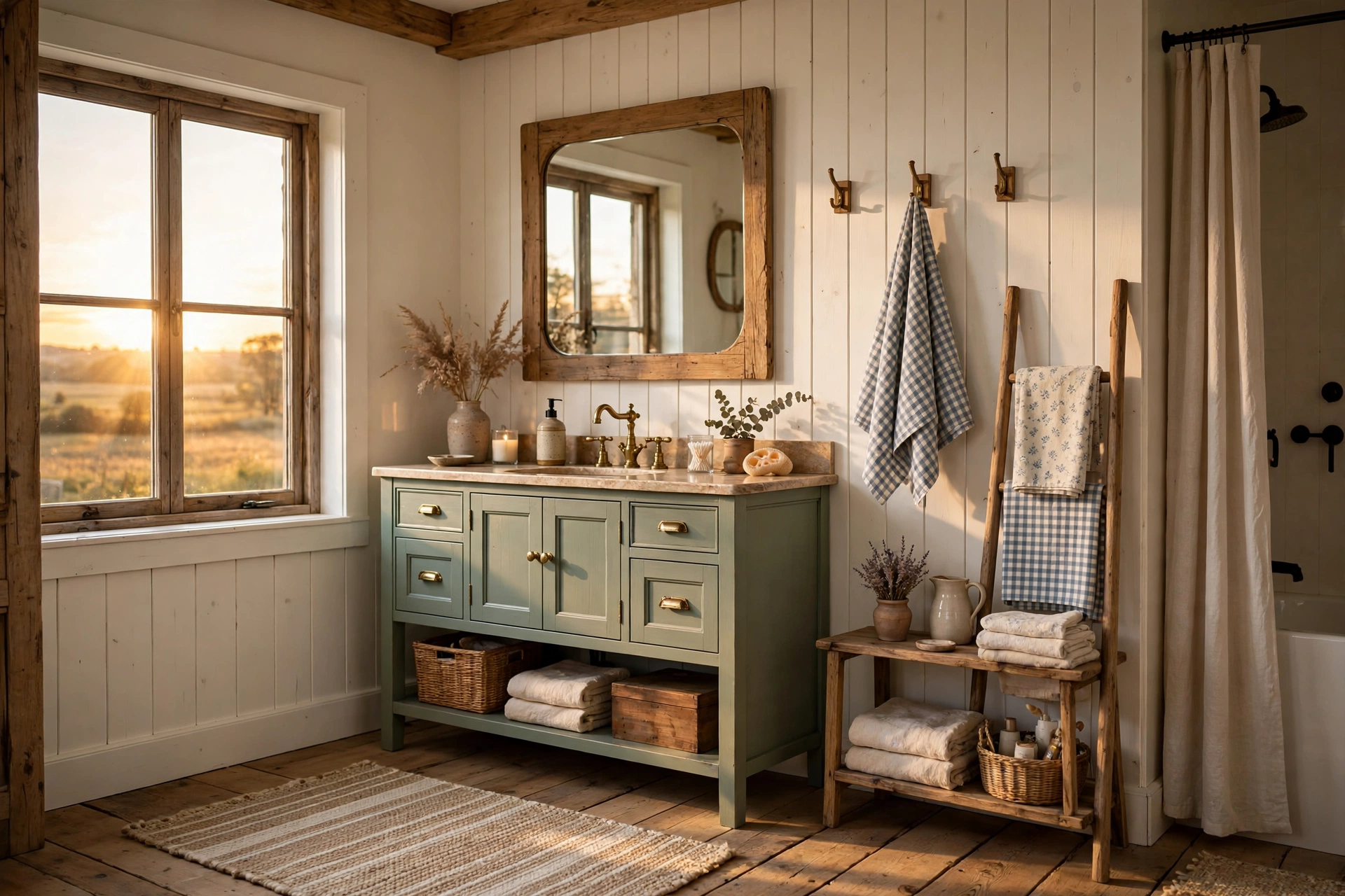 Keep the palette warm white, sage, and wood