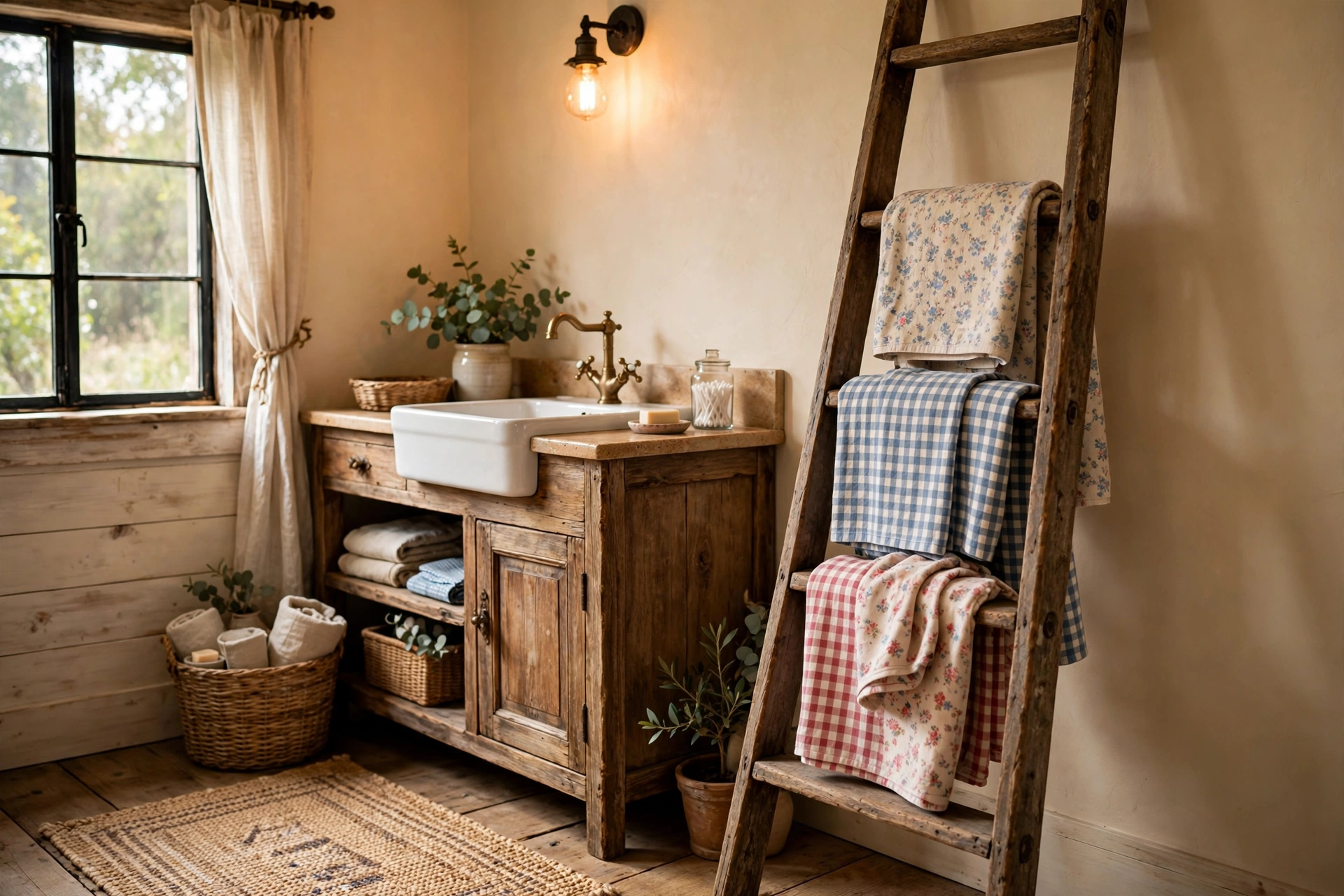 Lean an antique ladder against the wall for towels