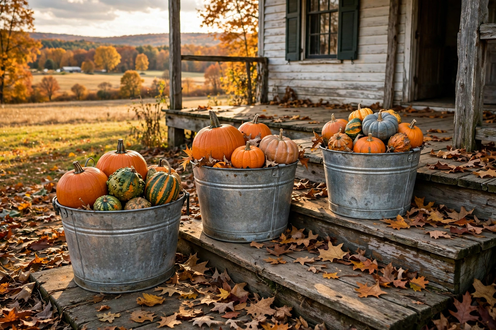Galvanized Bucket Pumpkin Display