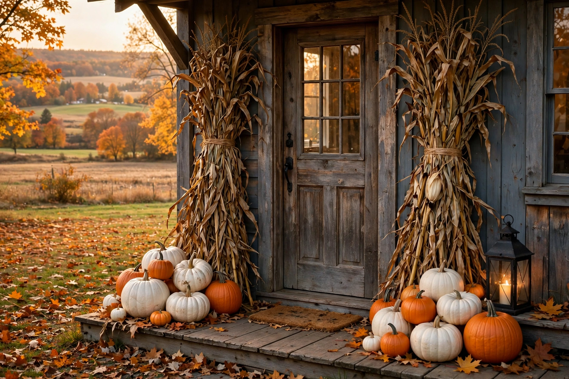 Pumpkin and Dried Corn Stalks
