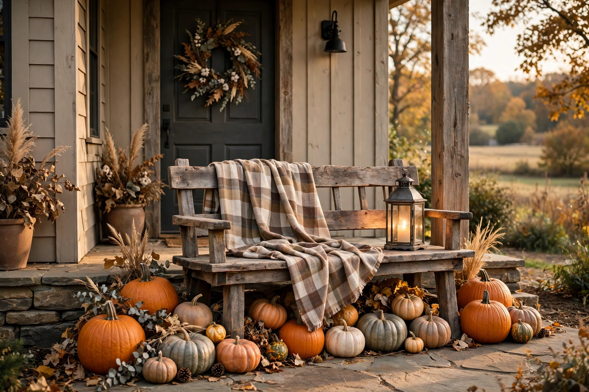Pumpkin and Plaid Throw Entryway