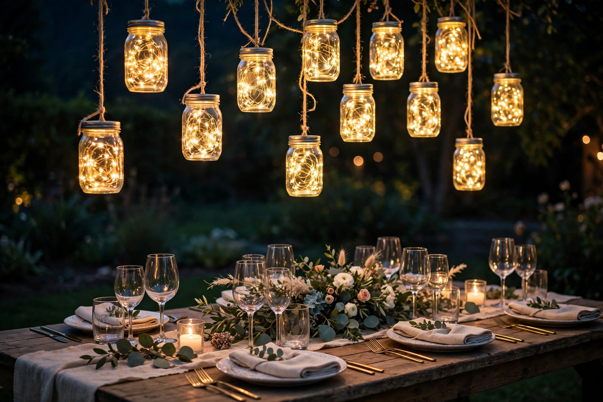 Hanging Mason Jar Lights Over Tables