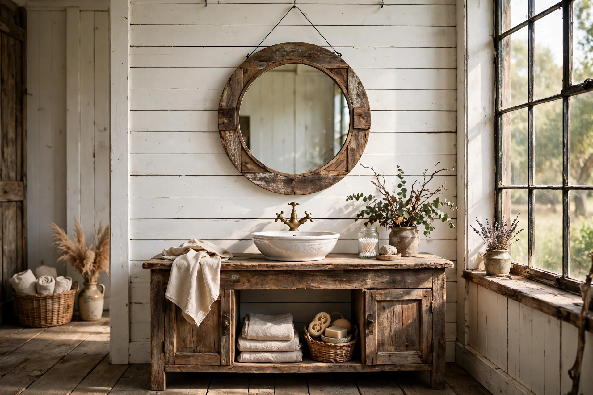 Hang a round mirror with a distressed wood frame