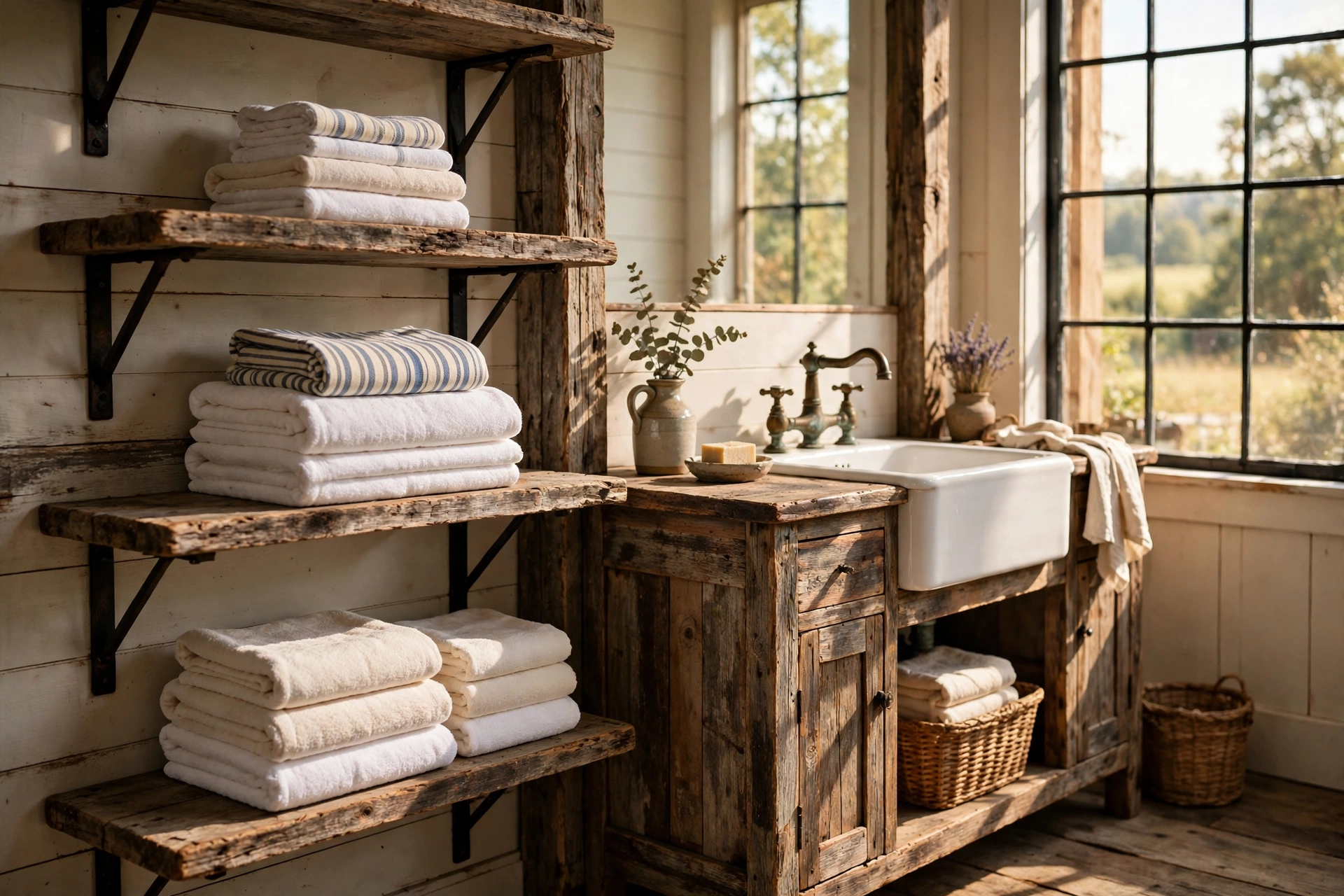 Display folded towels on open wood shelving