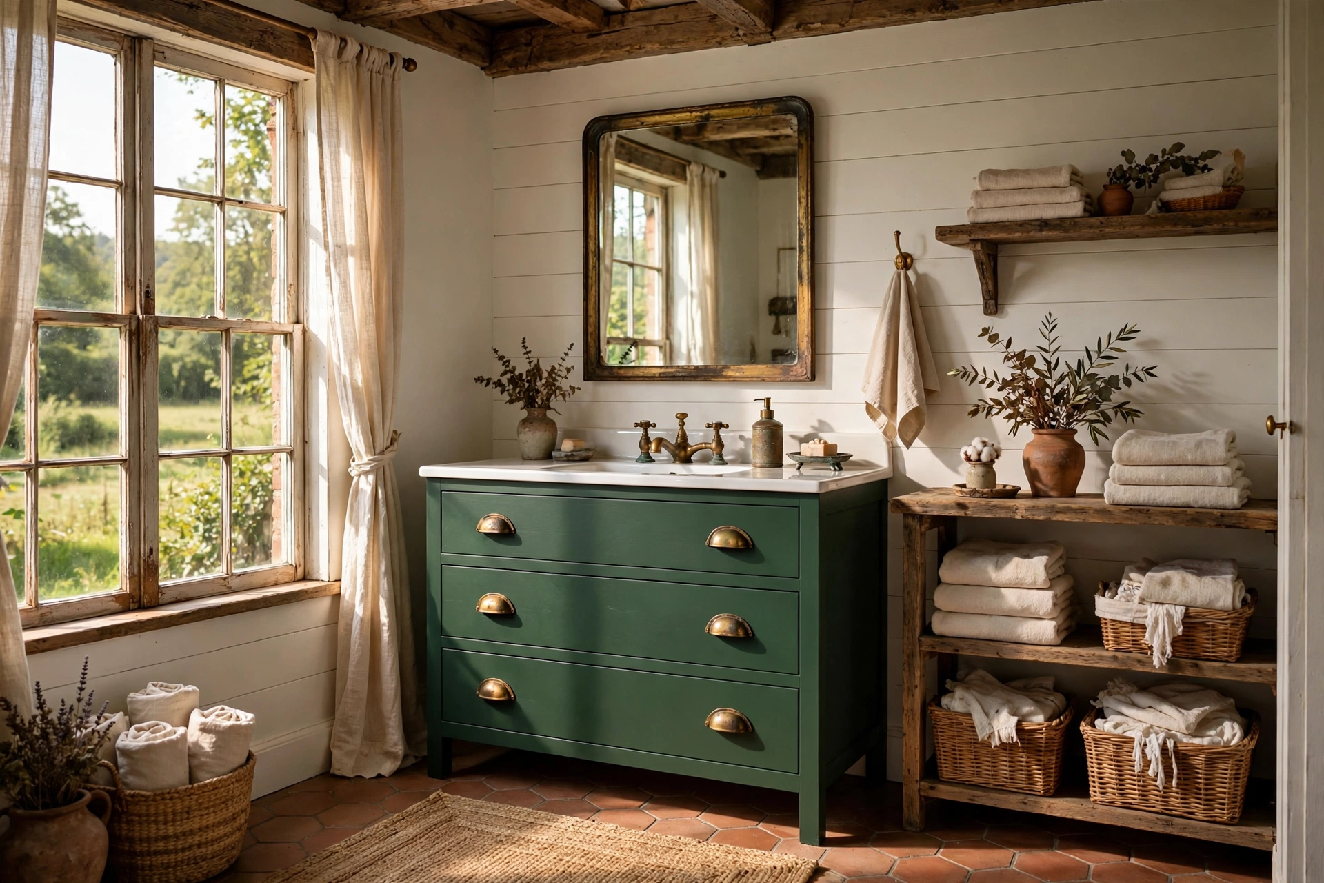 Paint the vanity a moody vintage color
