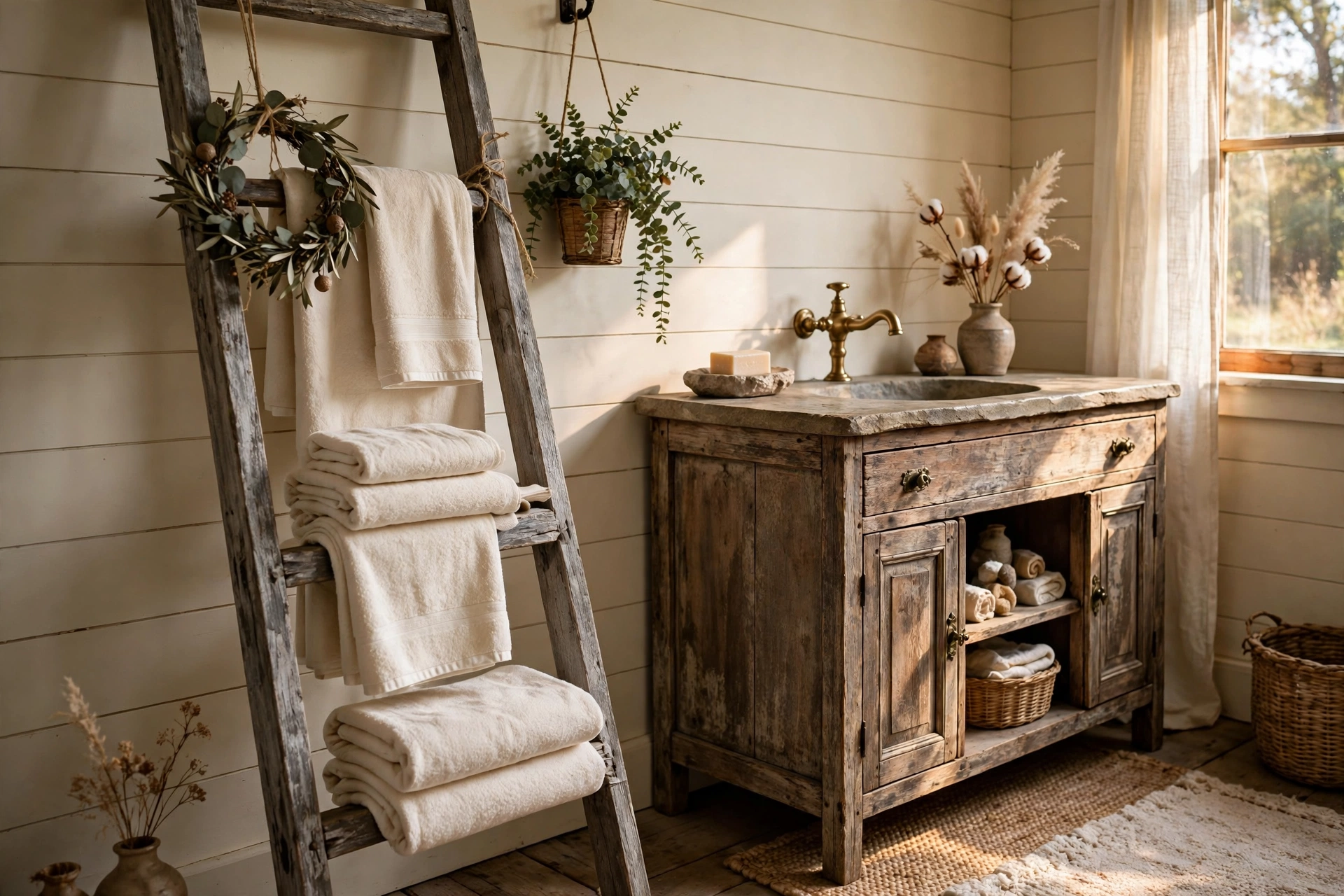 Hang a ladder-style towel rack