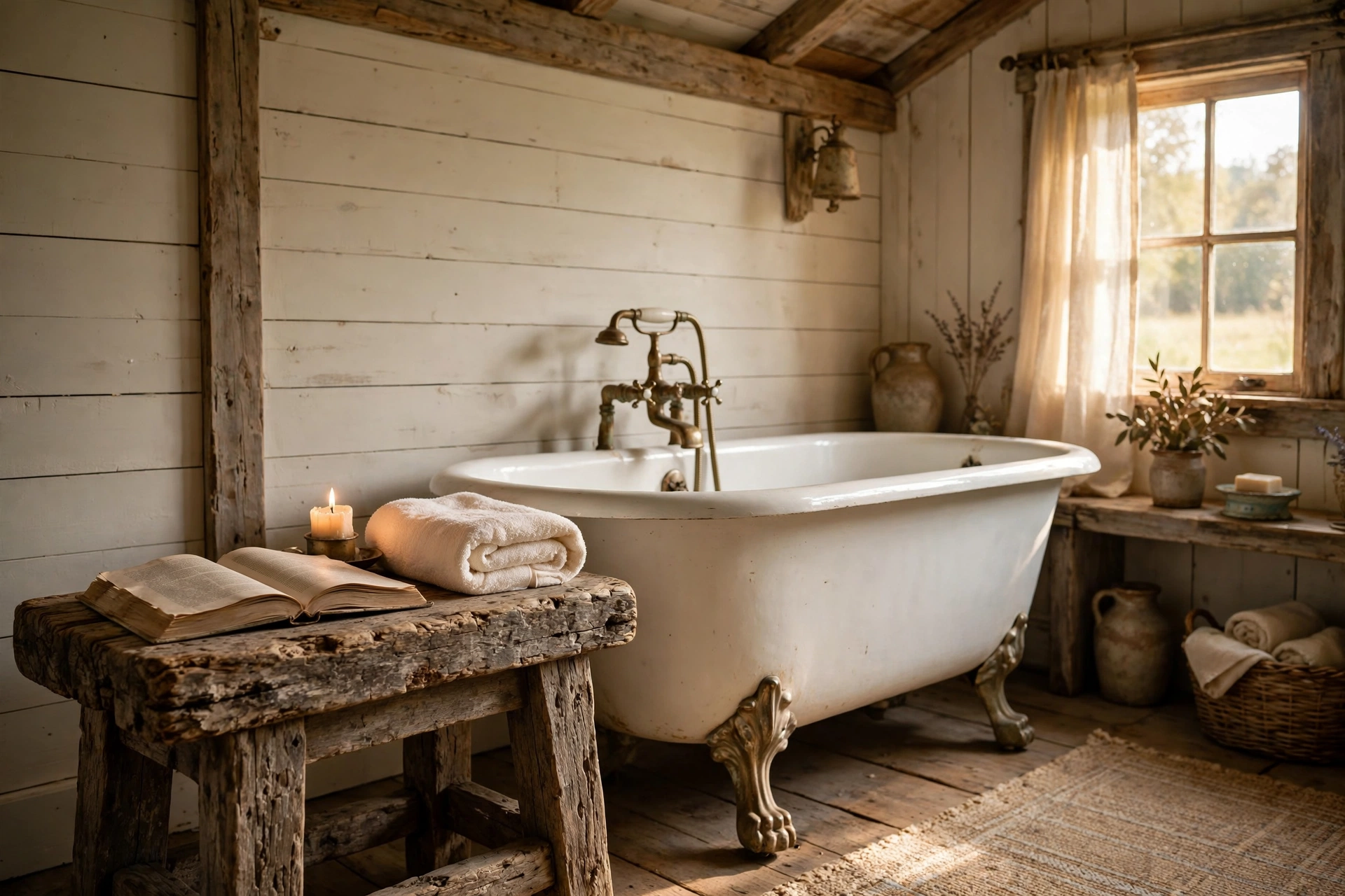 Add a small stool or bench in aged wood