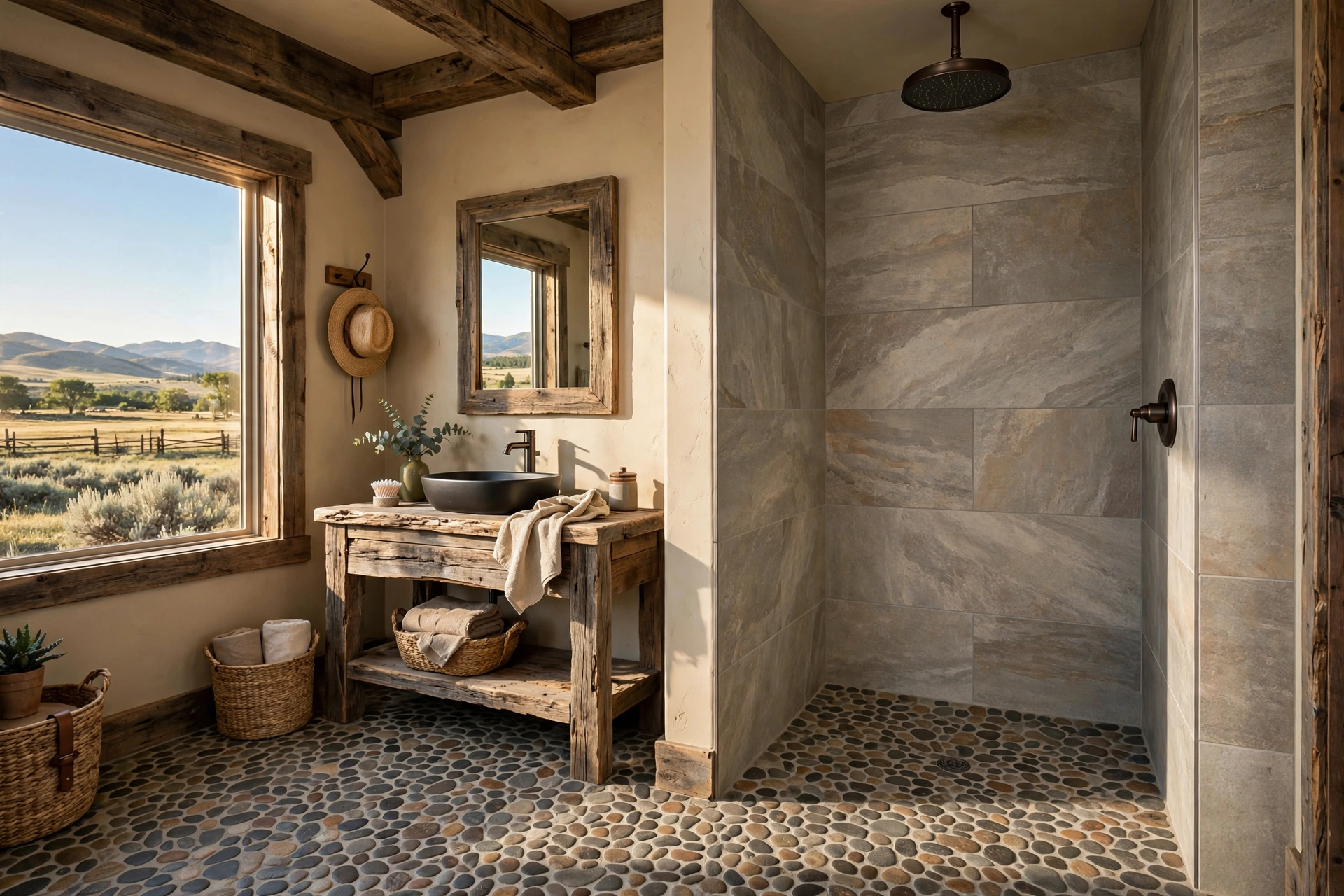 Install a walk-in shower with river rock floor