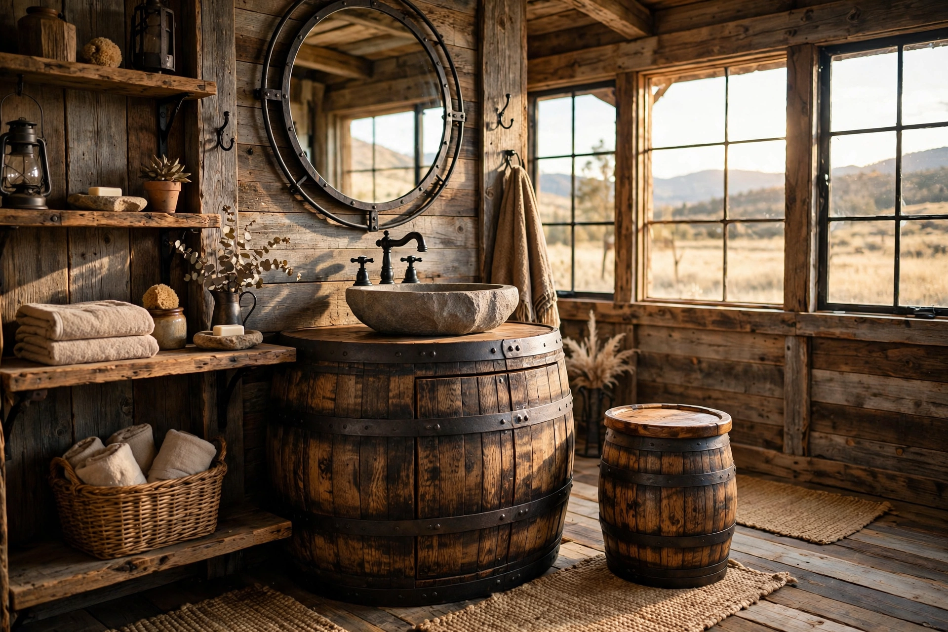 Add a whiskey-barrel style vanity or stool