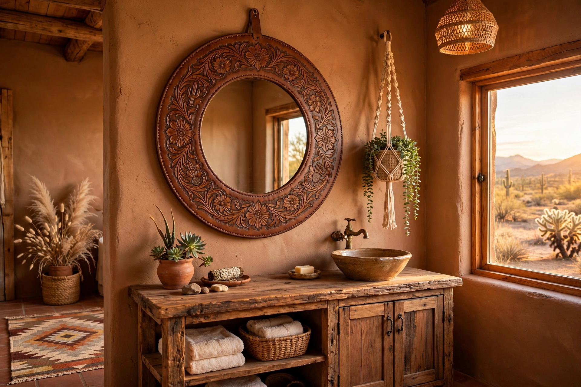Hang a tooled leather mirror frame