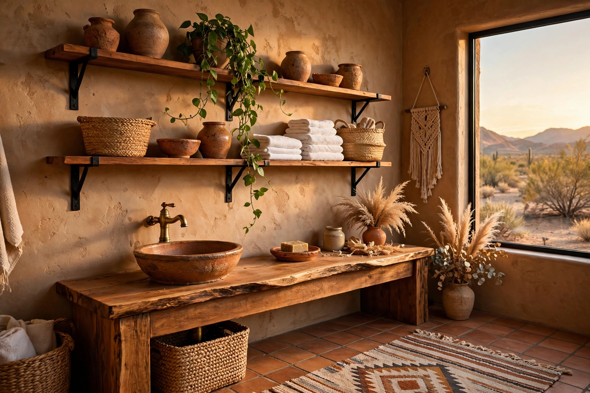 Style open shelves with pottery and baskets