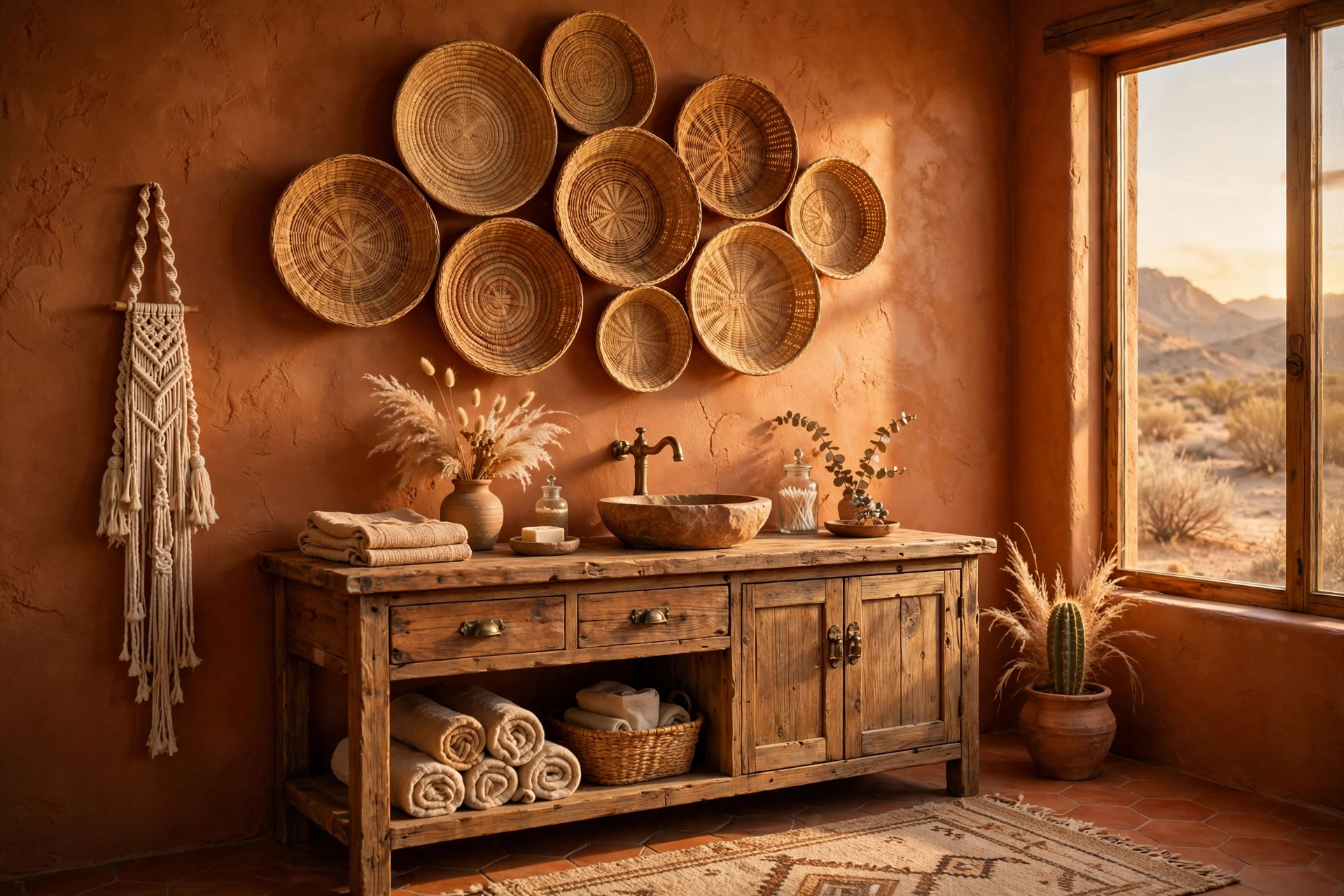 Display a collection of woven baskets on the wall