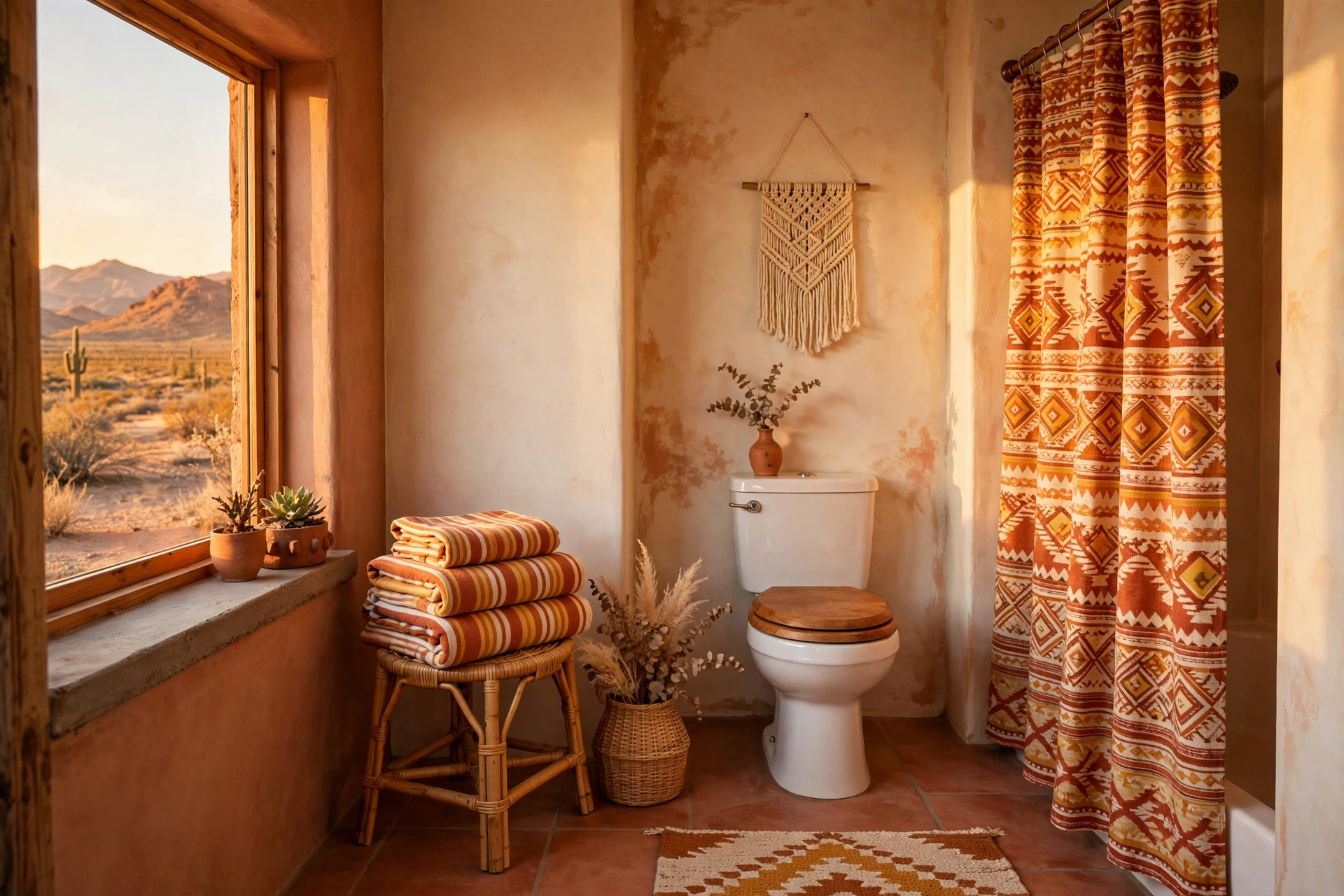 Layer textiles: towels, curtains, and a wall hanging