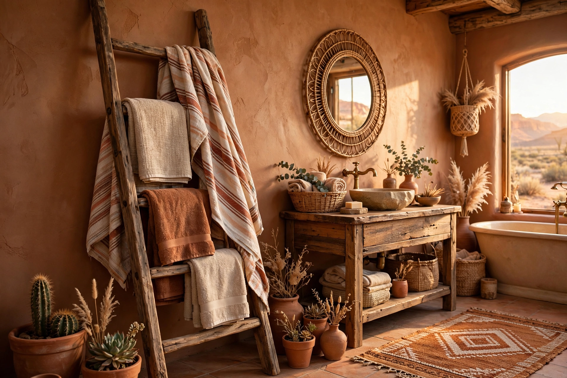 Add a wooden ladder for towels and blankets