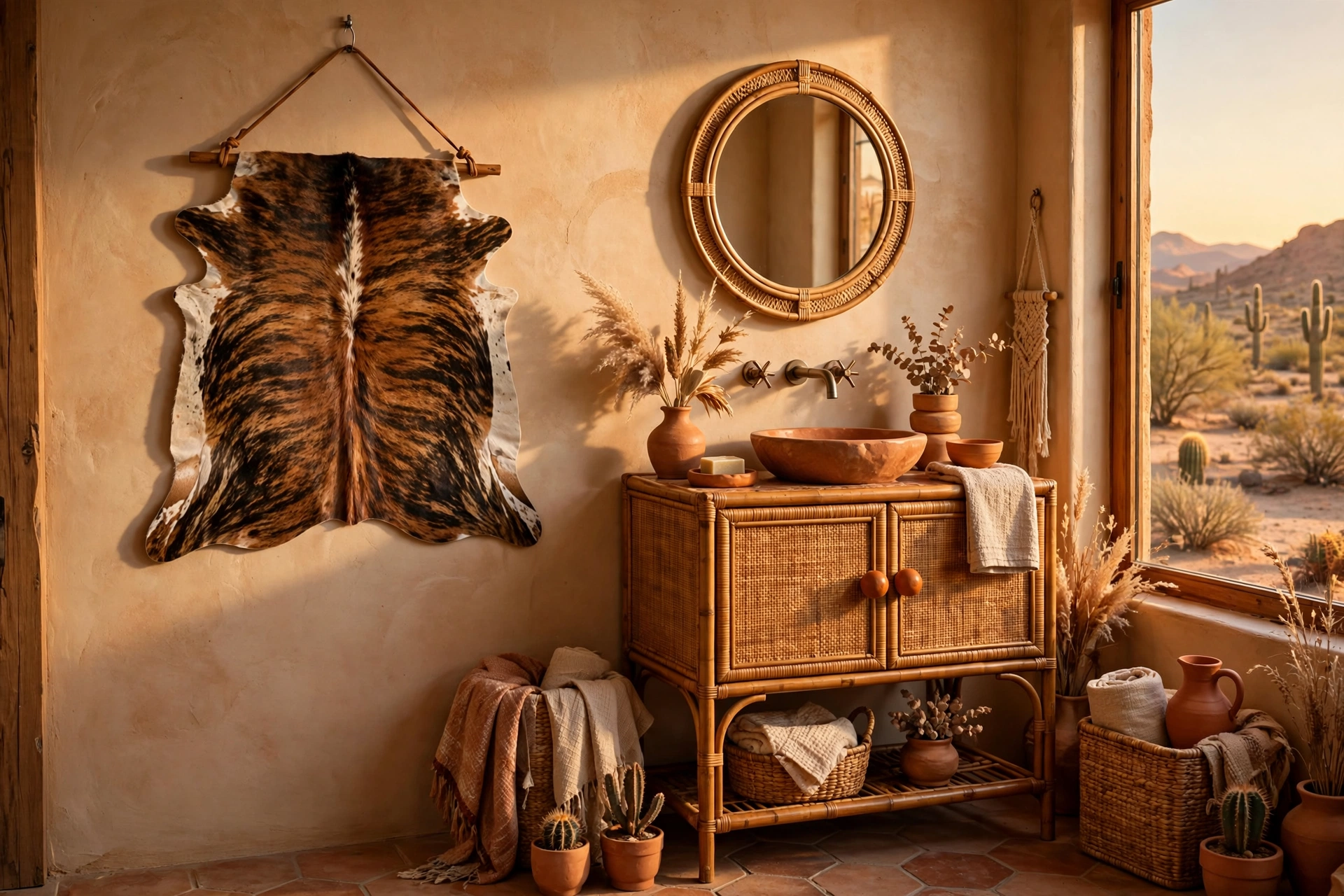 Hang a cowhide or woven wall tapestry