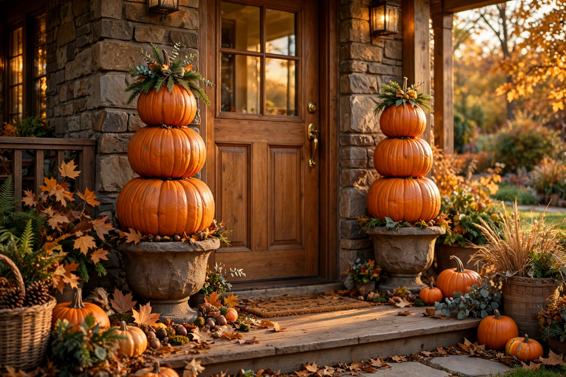 Pumpkin topiary flanking the door