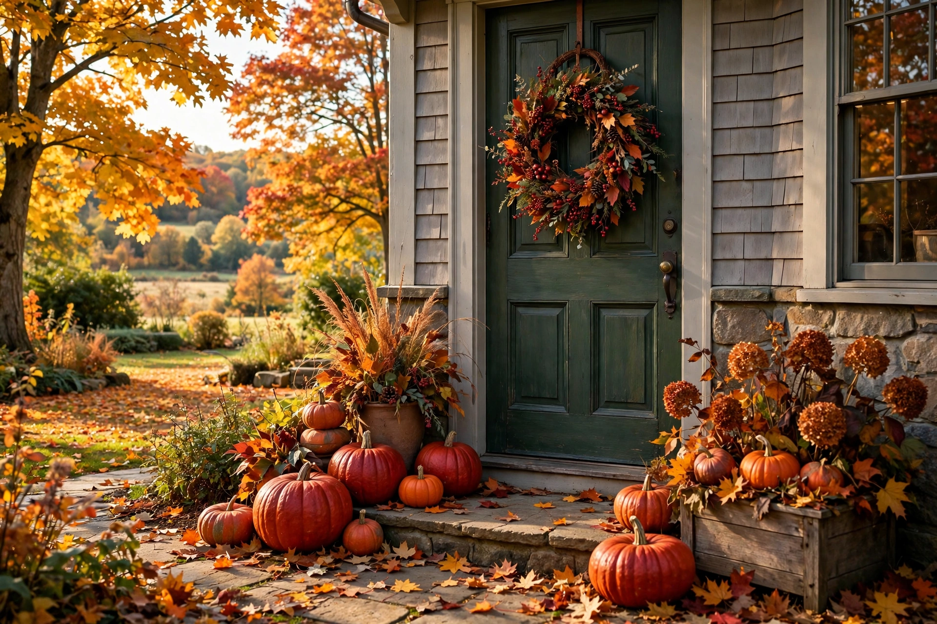 Wreath and pumpkin door combo