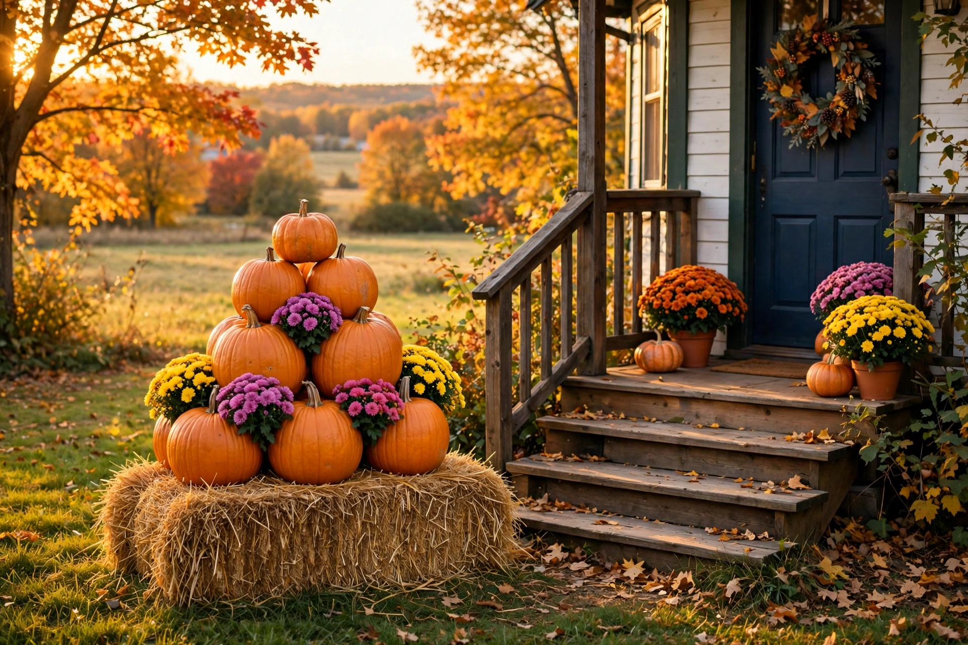 Hay bale and pumpkin stack