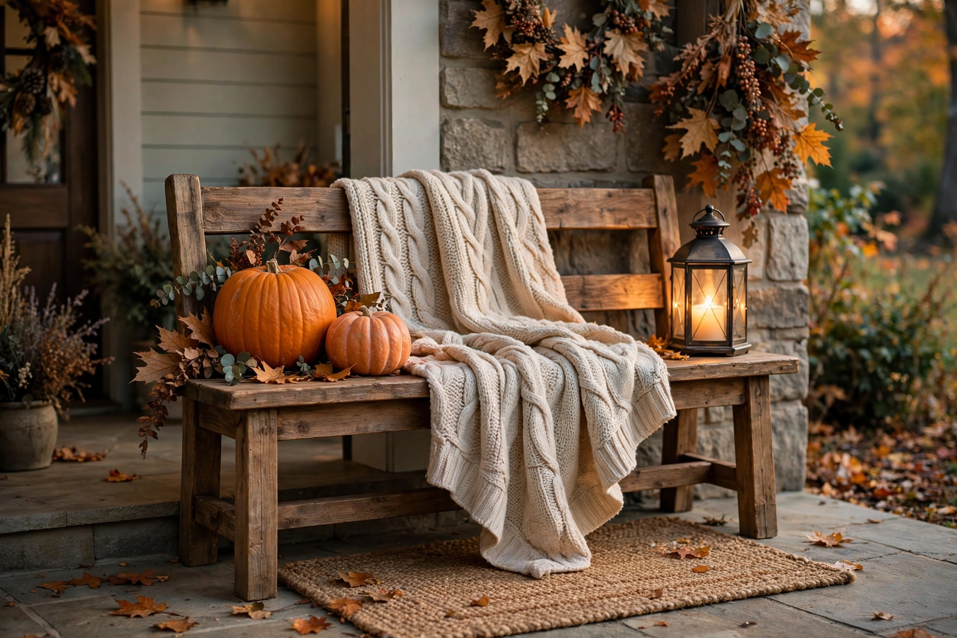 Cozy throw and pumpkin bench