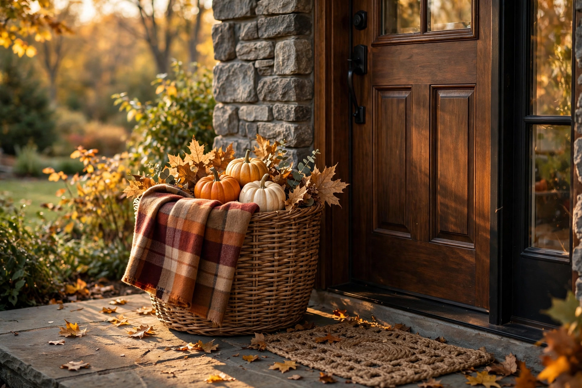 Plaid blanket basket with pumpkins
