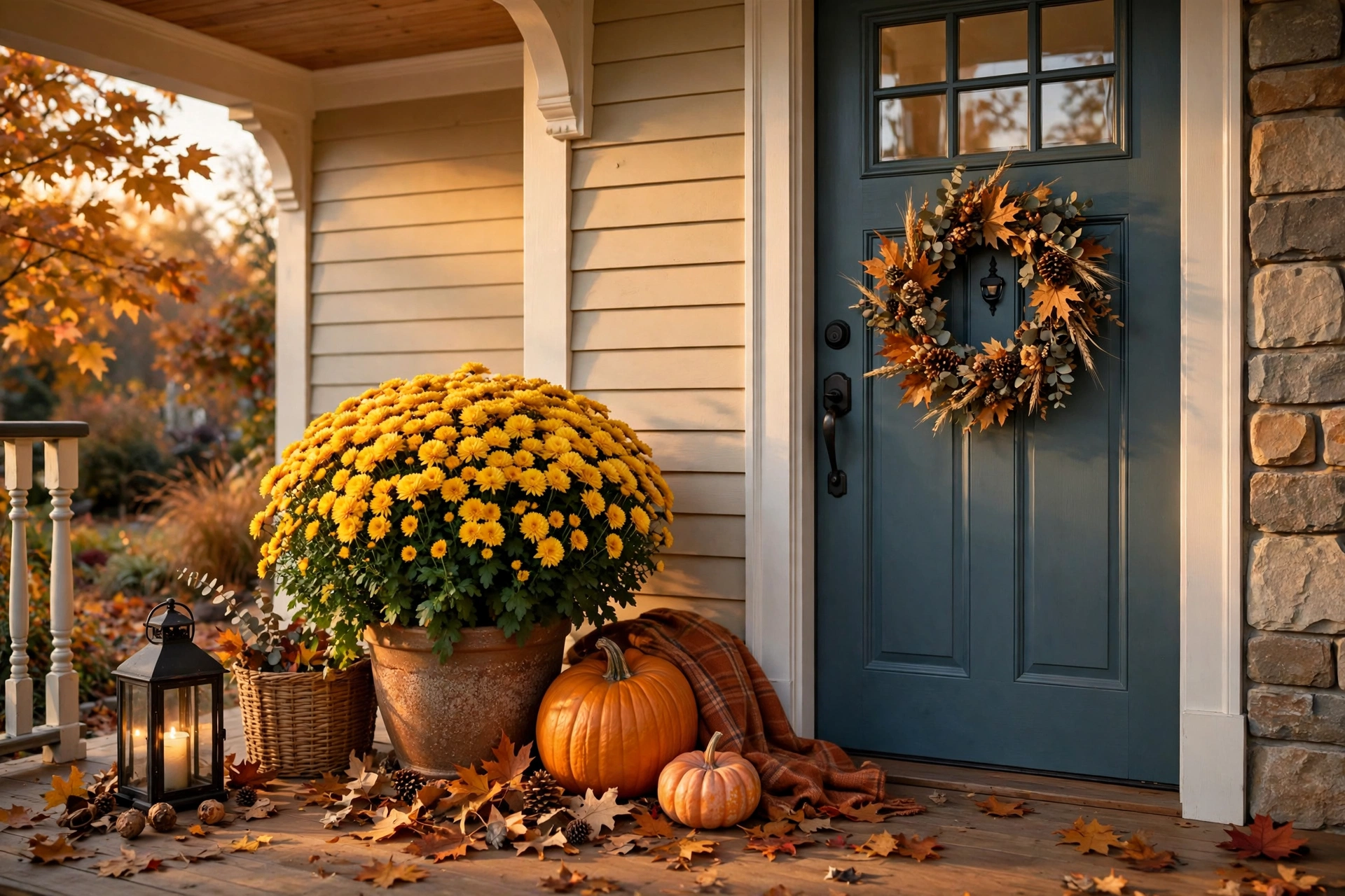 Potted mum and pumpkin grouping (rule of three)