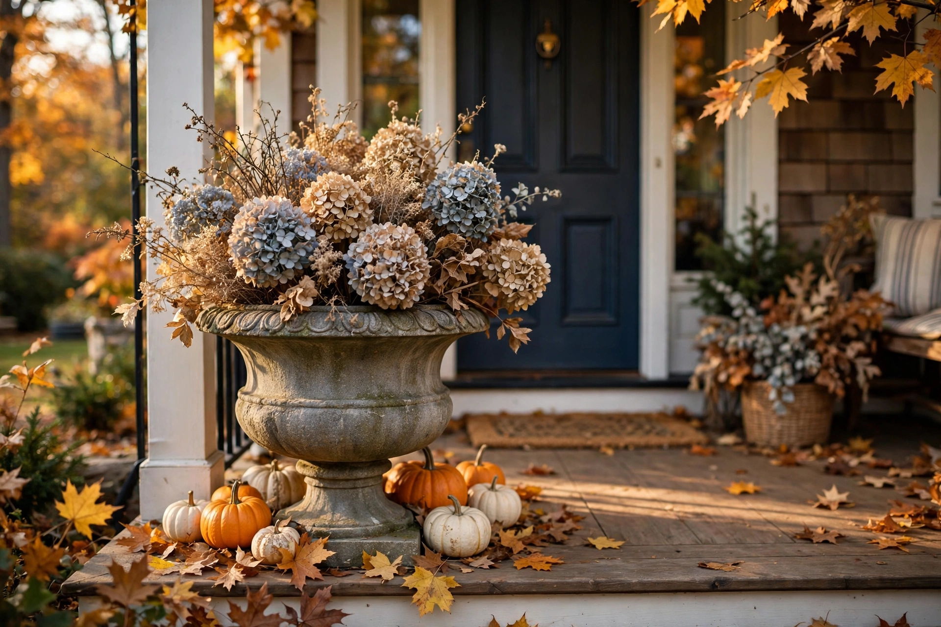 Dried hydrangea and pumpkin urn
