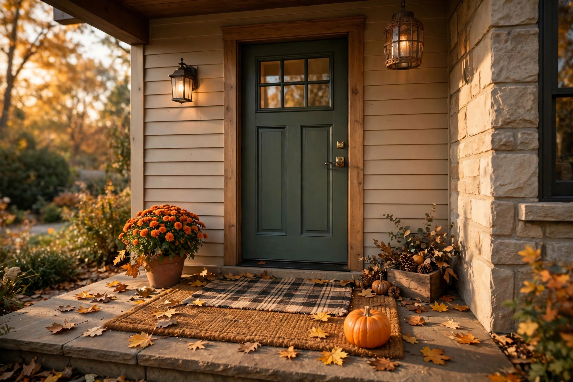 Pumpkin doormat layering with fall leaves