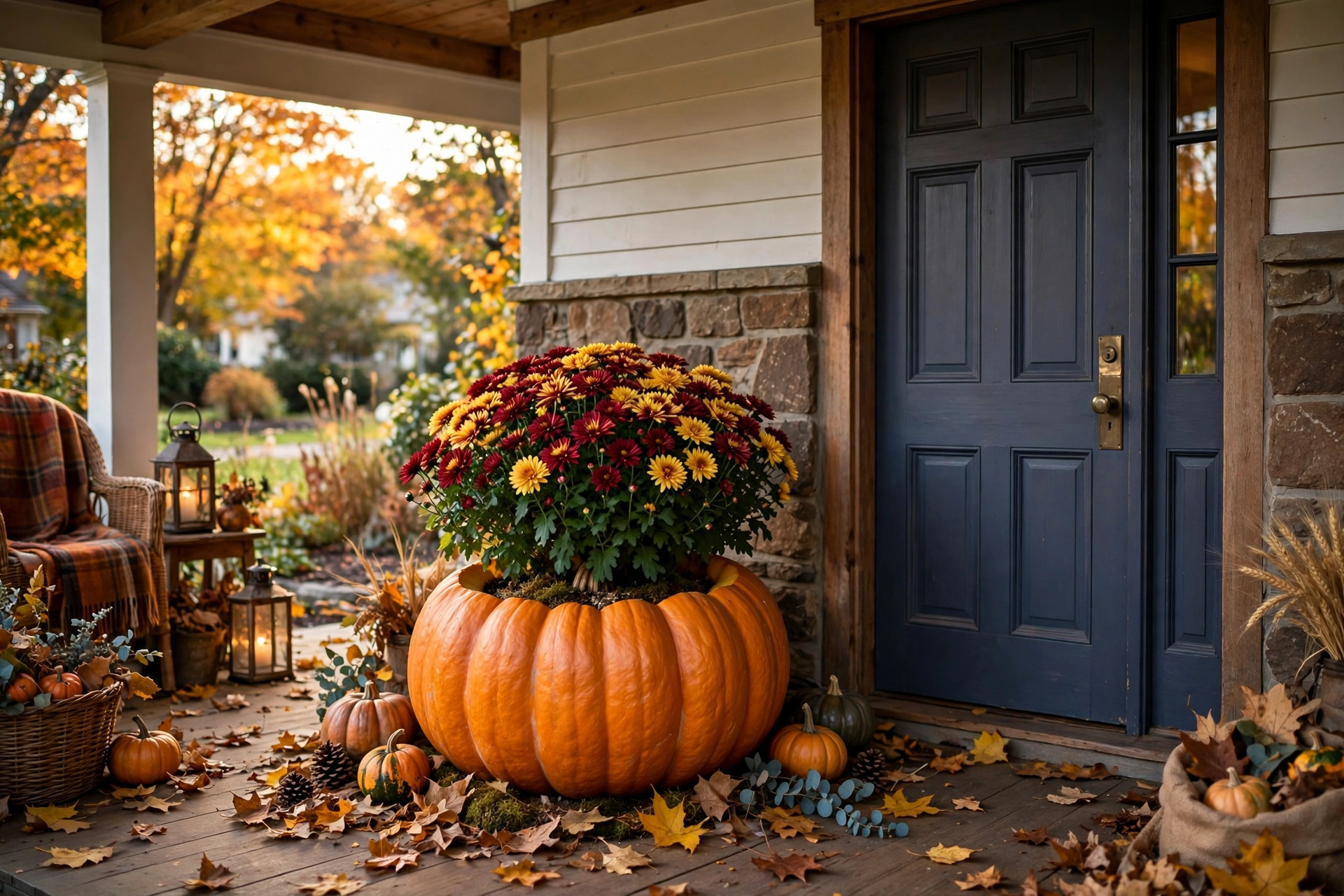 Pumpkin planter with mums