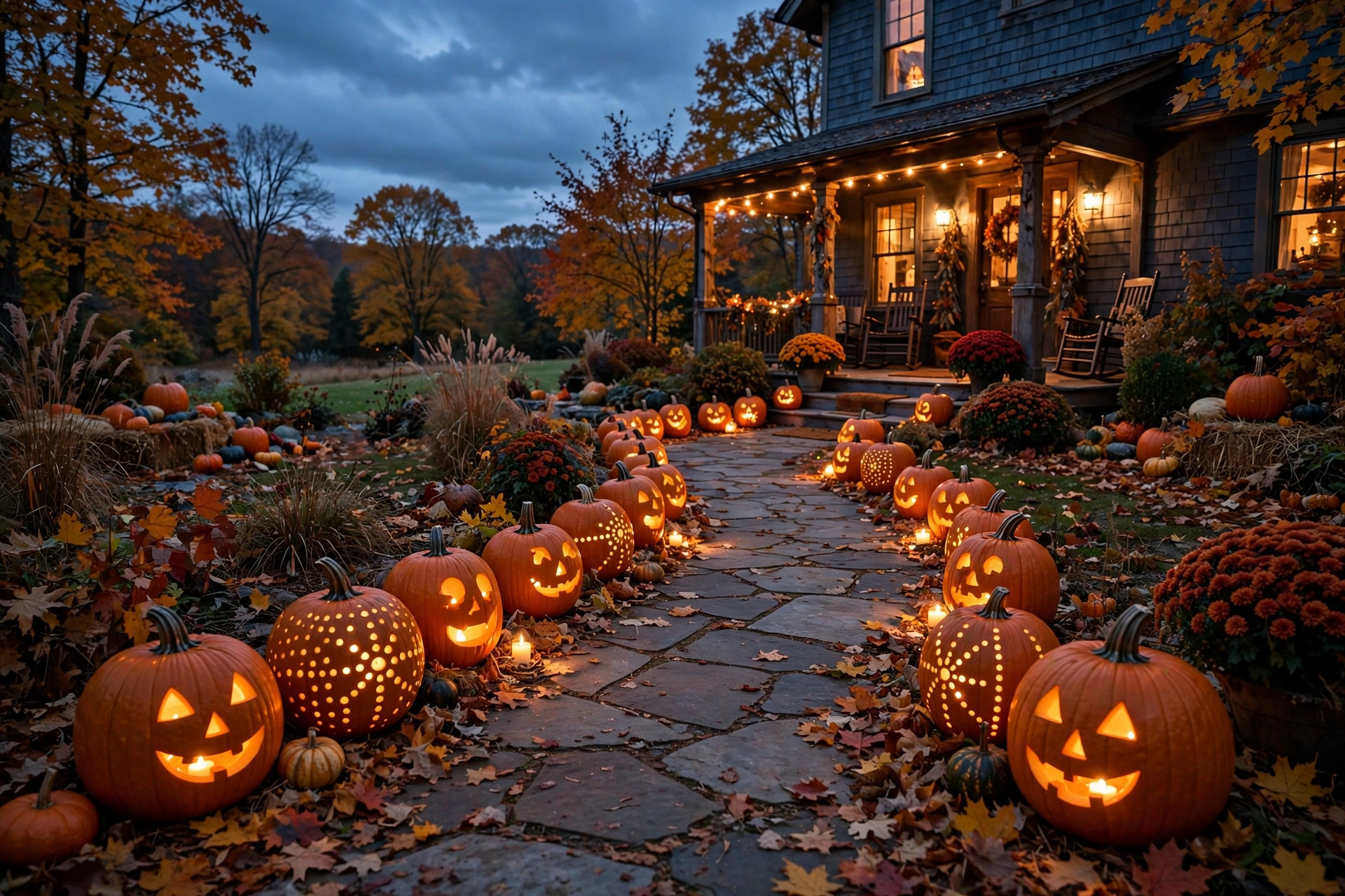 Lantern pumpkins lining the walkway