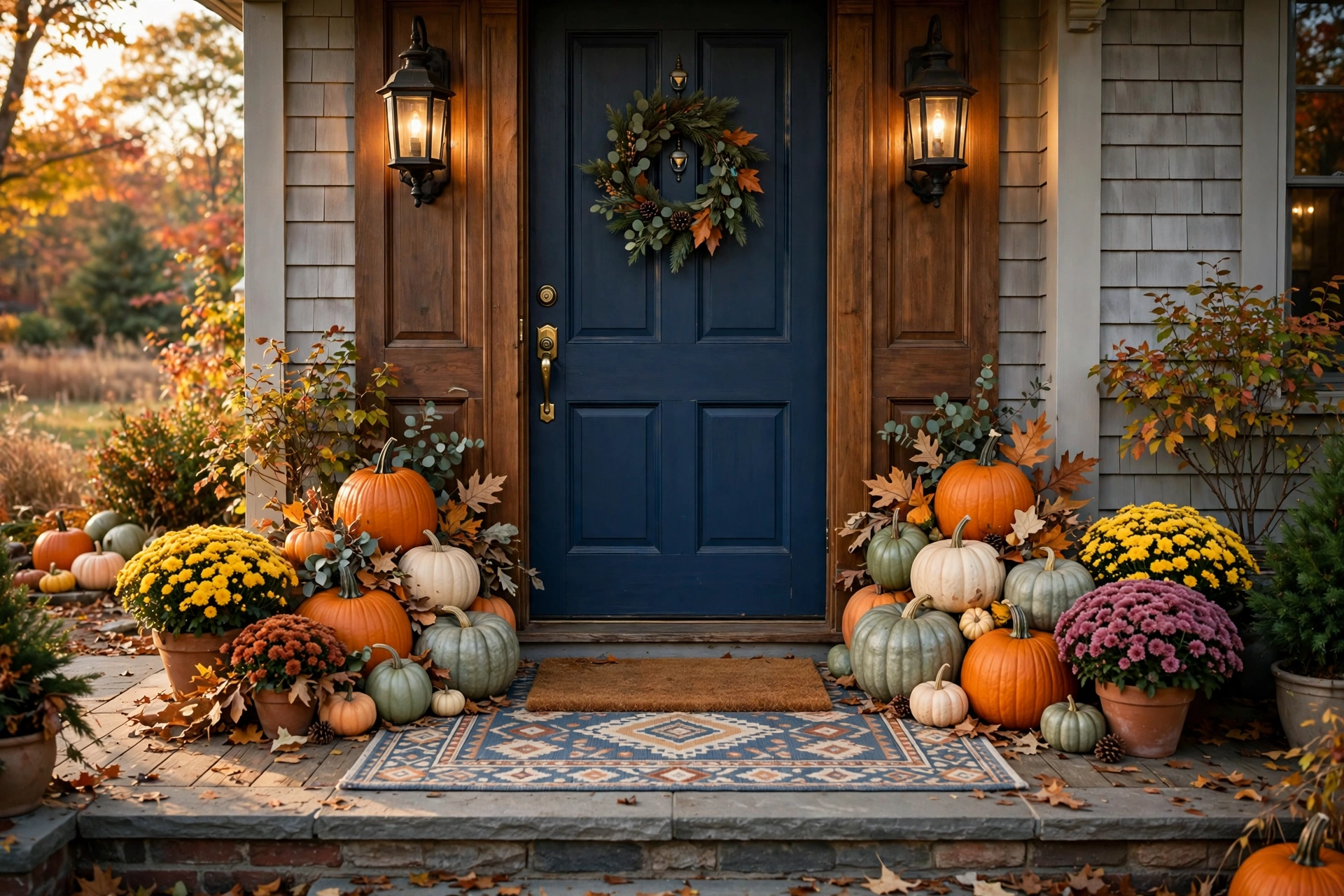 Doormat layering with pumpkins
