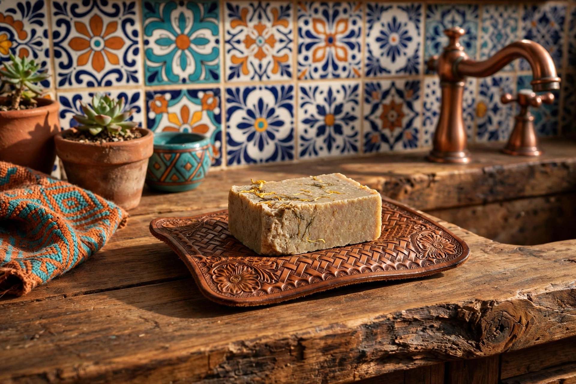 Set out a tooled leather soap dish