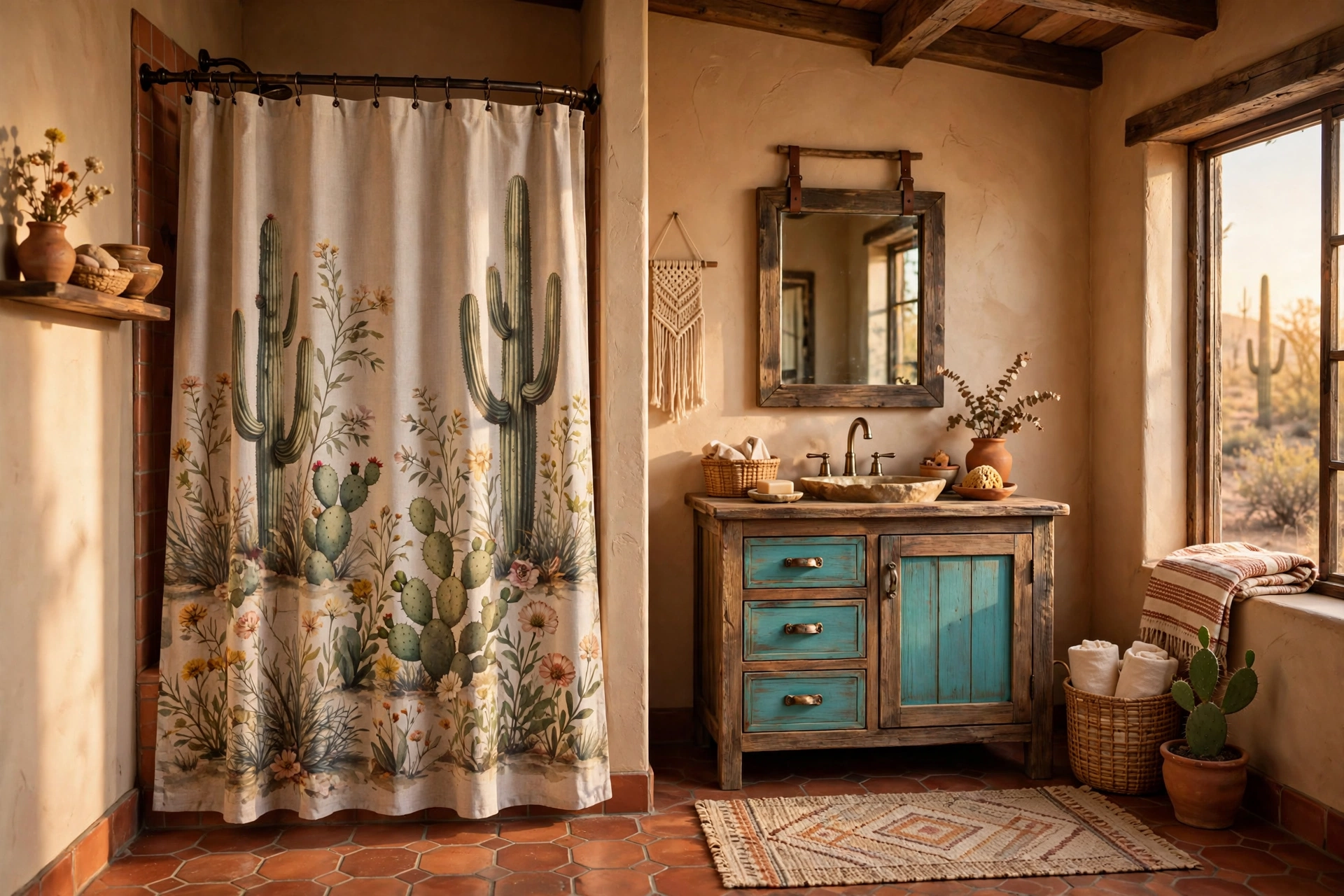 Shower behind a cactus-print curtain