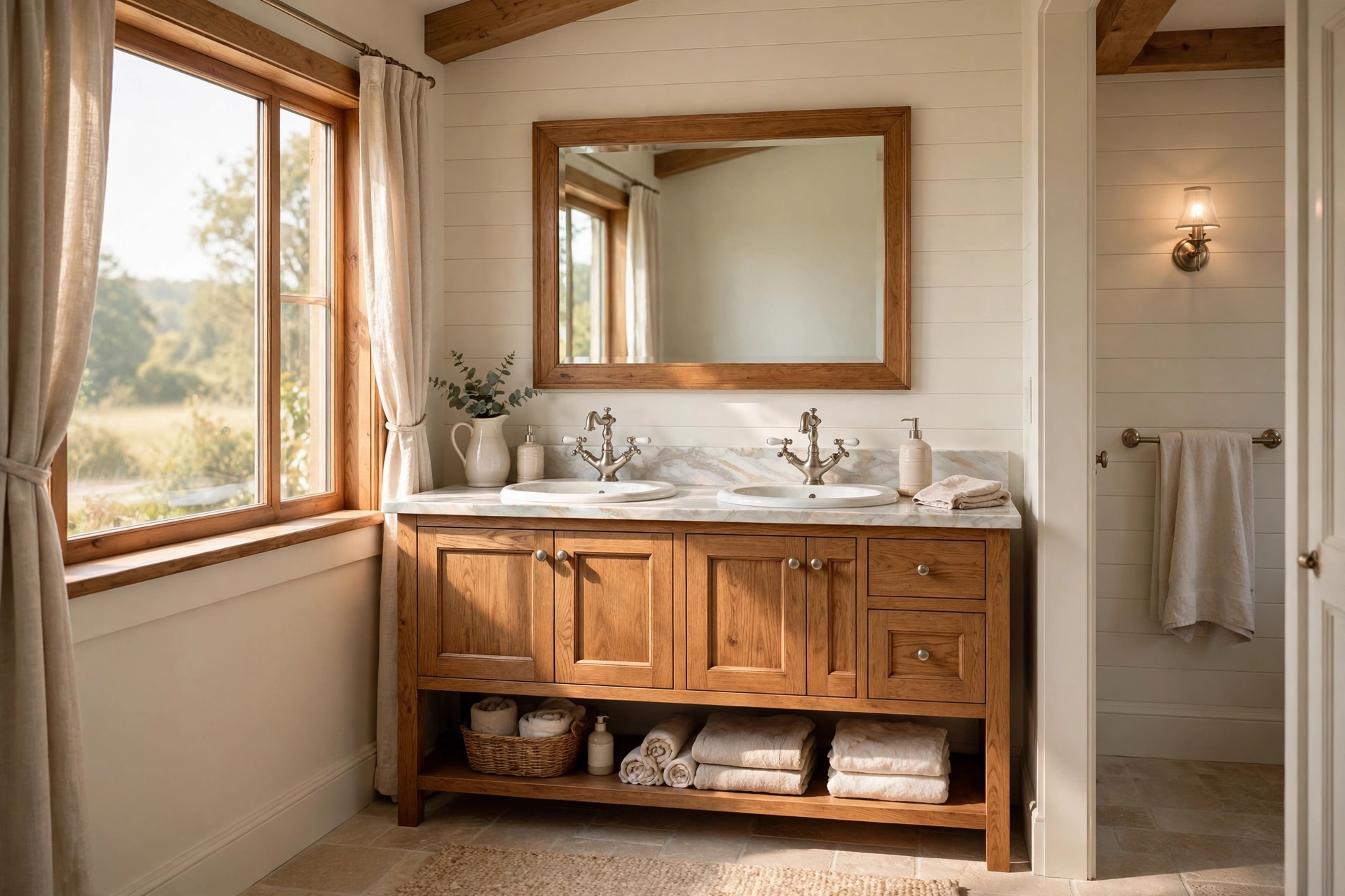 Top the vanity with marble-look quartz