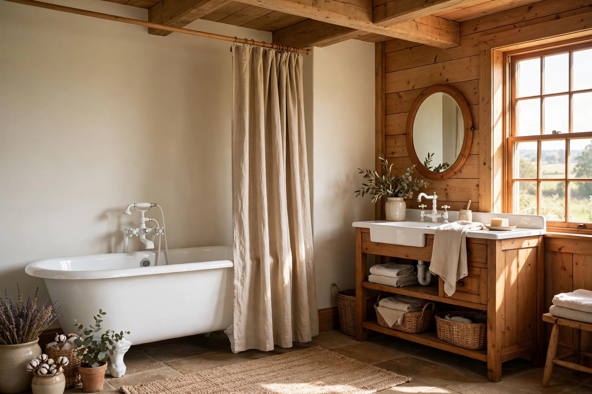 Hang a linen shower curtain