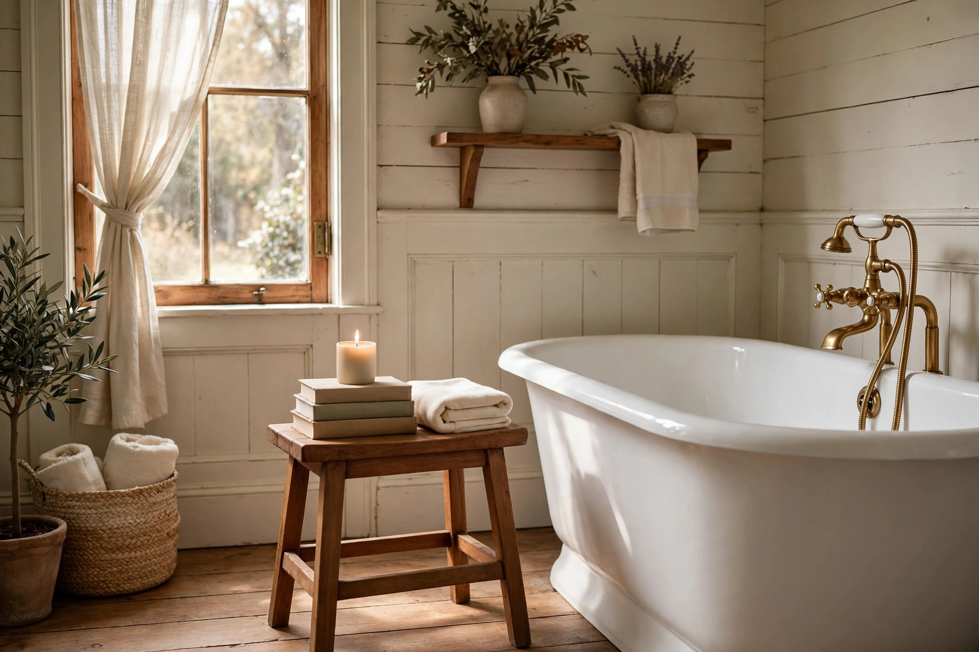 Add a wooden bath bench or stool