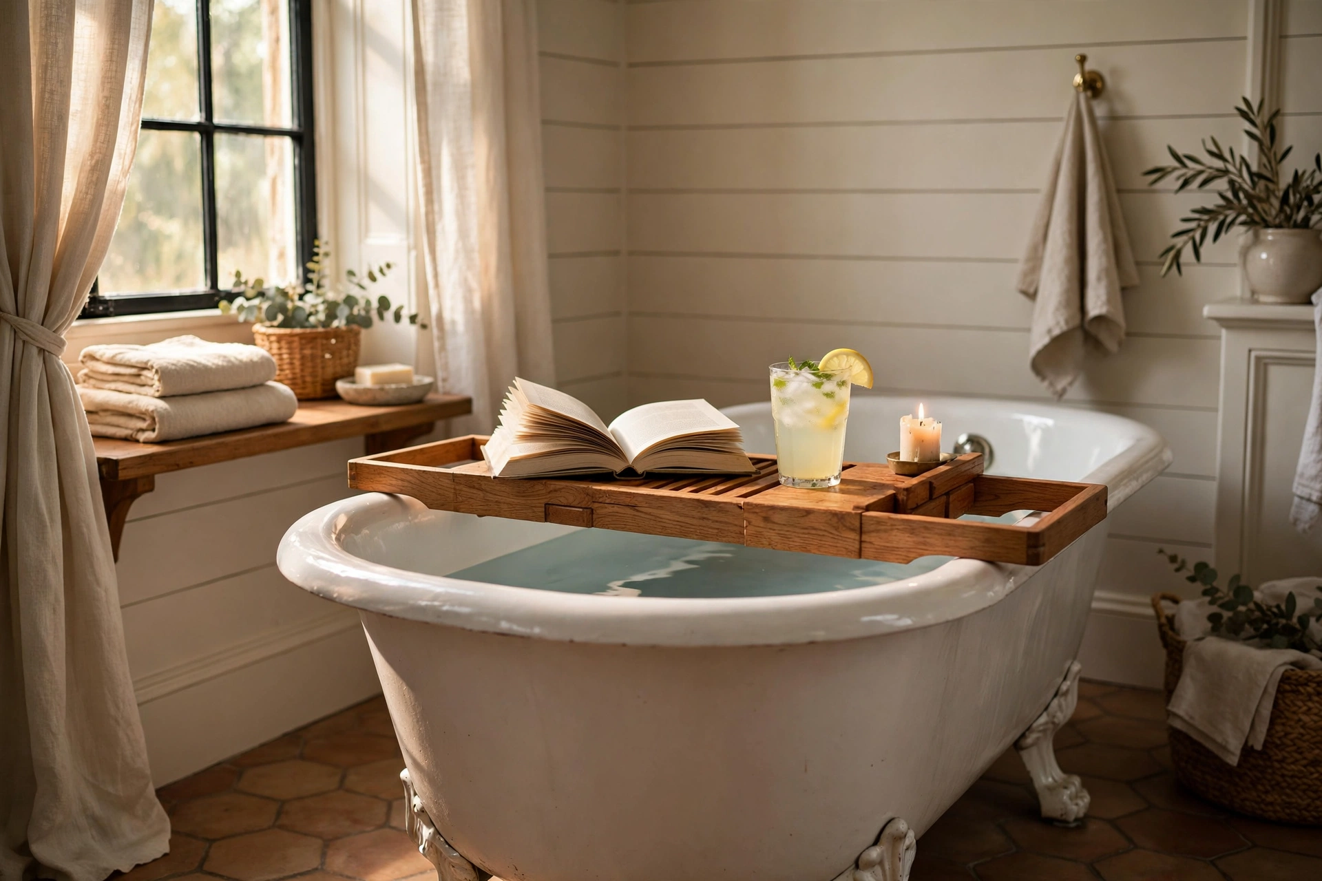 Rest a wooden bath caddy across the tub