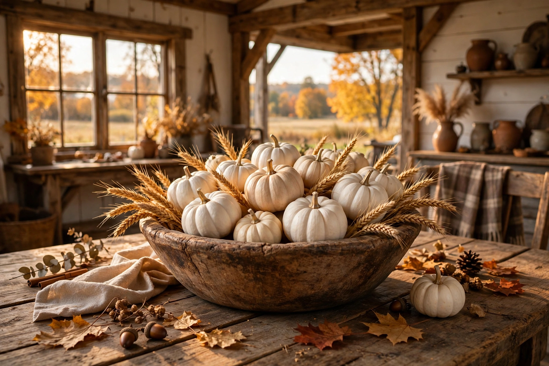 Painted white mini pumpkins in a wooden bowl