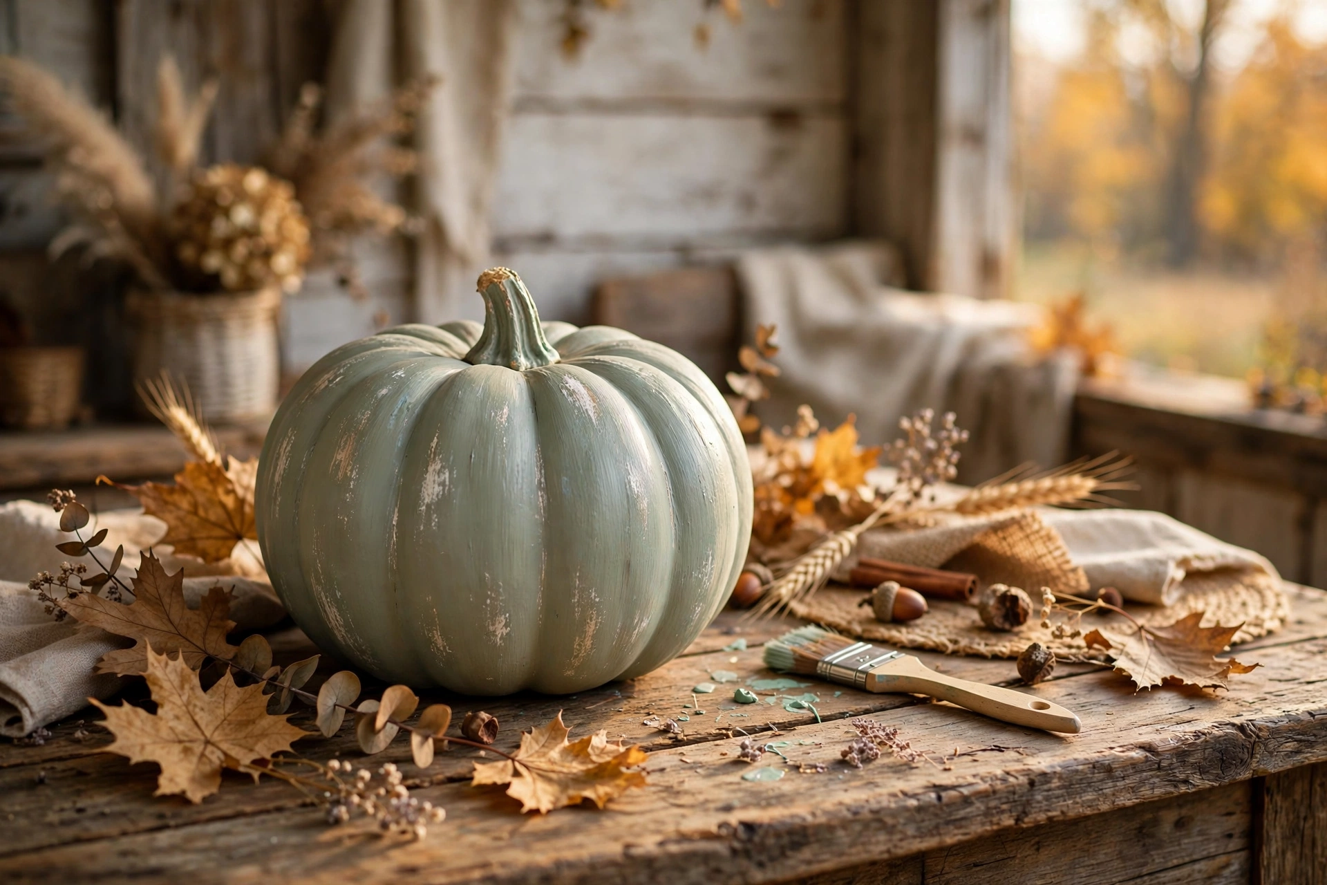 Chalk-painted pumpkin with a fall greeting