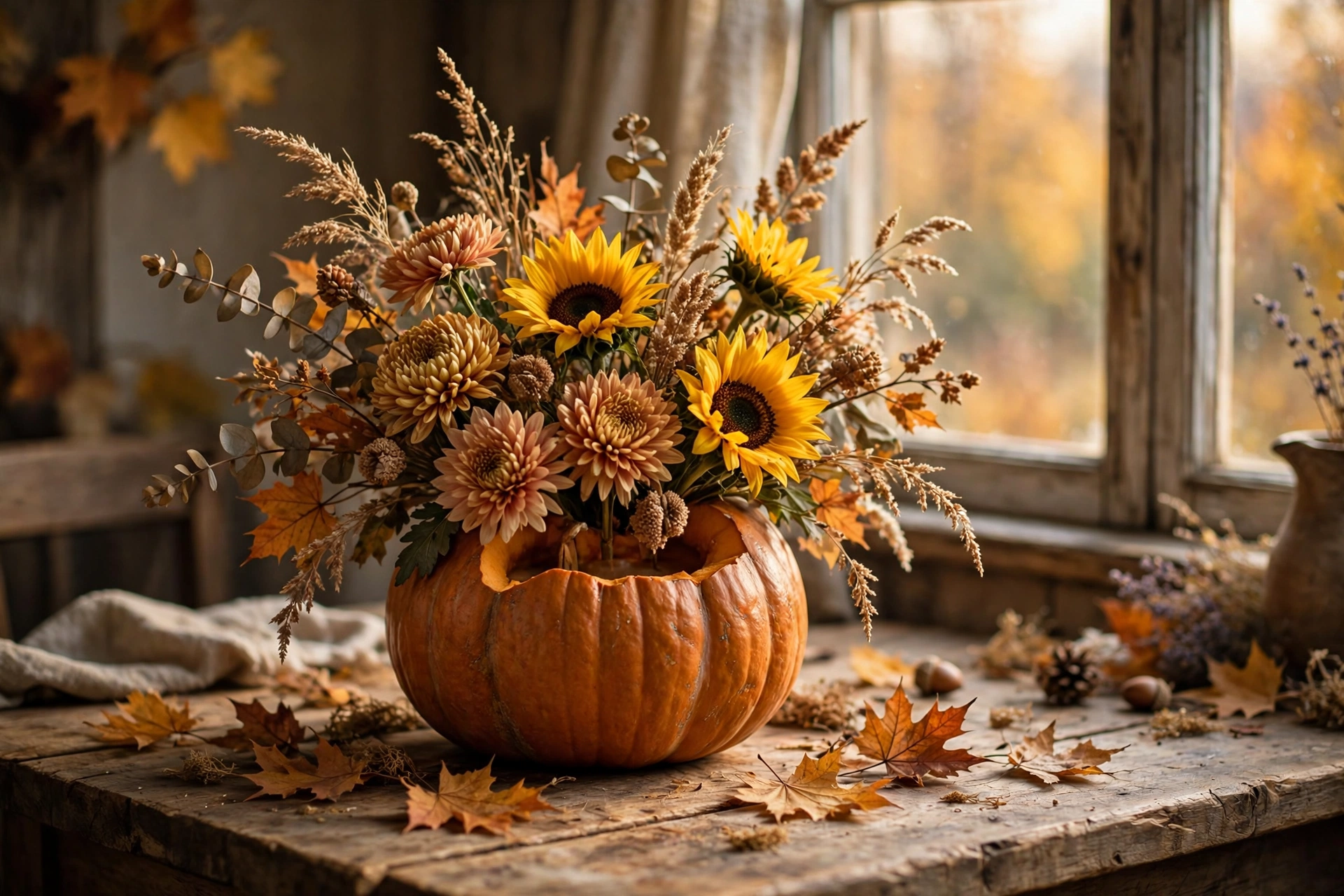 Pumpkin vase with fall flowers