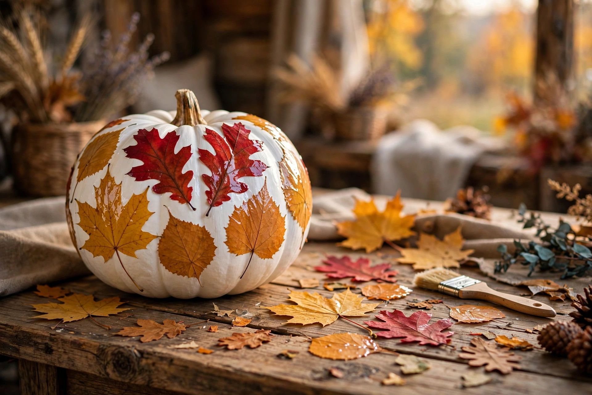 Pumpkin with pressed leaves