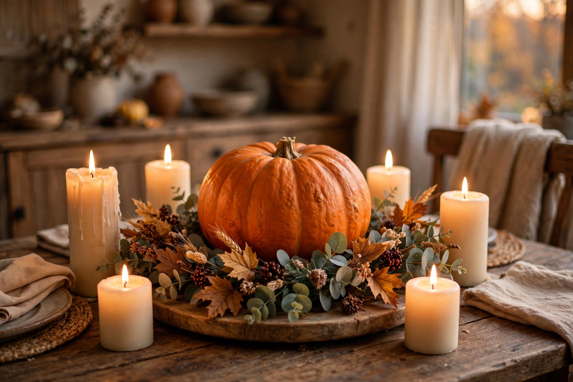 Pumpkin centerpiece with candles and greenery